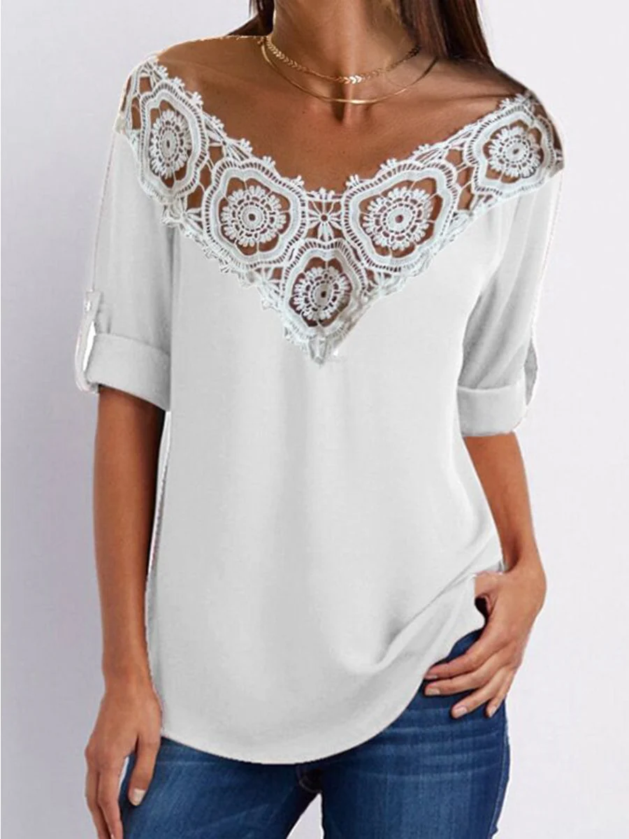 V-neck Solid Lace Stiching Blouse