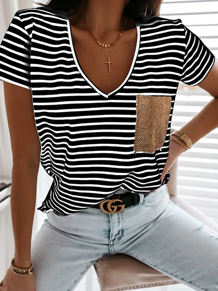 Striped Sequin Pocket V-neck Short-sleeved T-shirt