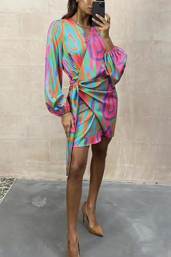 Abstract Wrap Tie Shirt Mini Dress