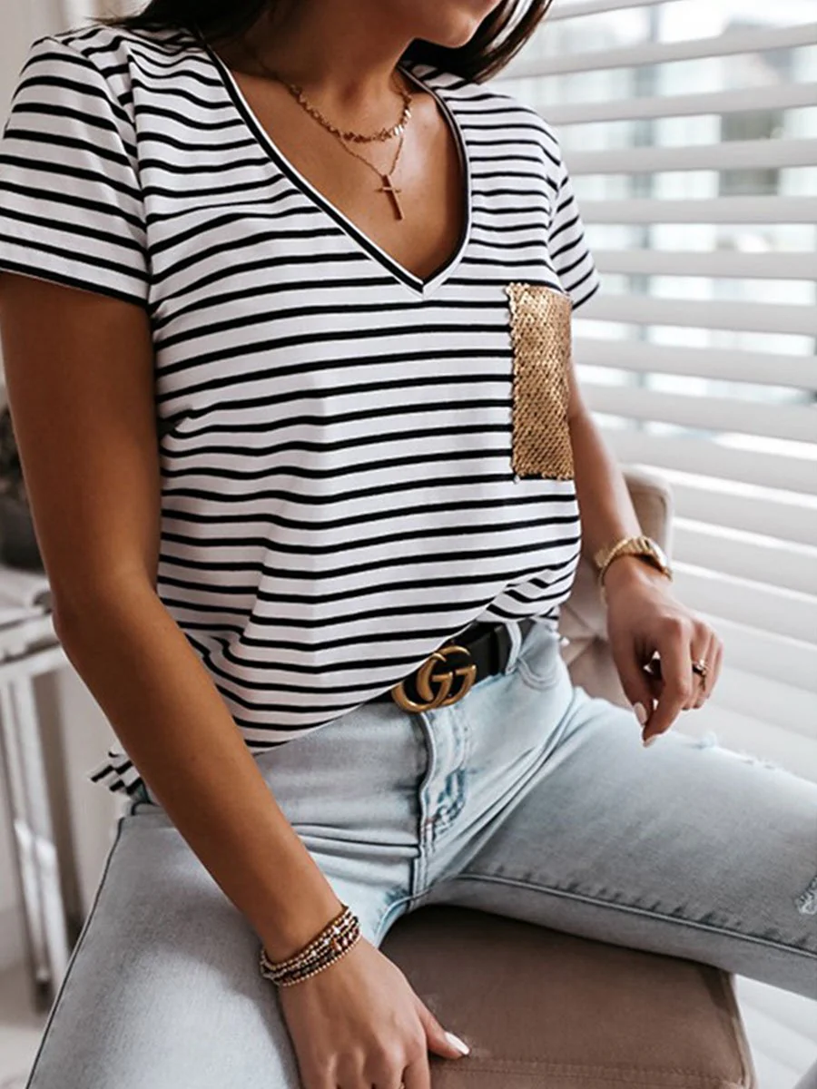 Striped Sequin Pocket V-neck Short-sleeved T-shirt