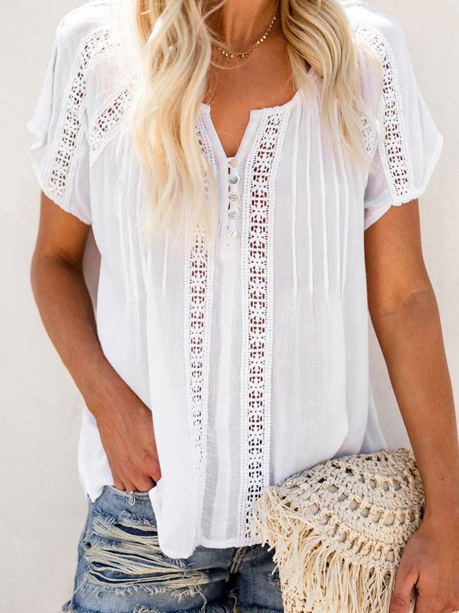 V-neck Short Sleeve Lace Hollow-out Blouse