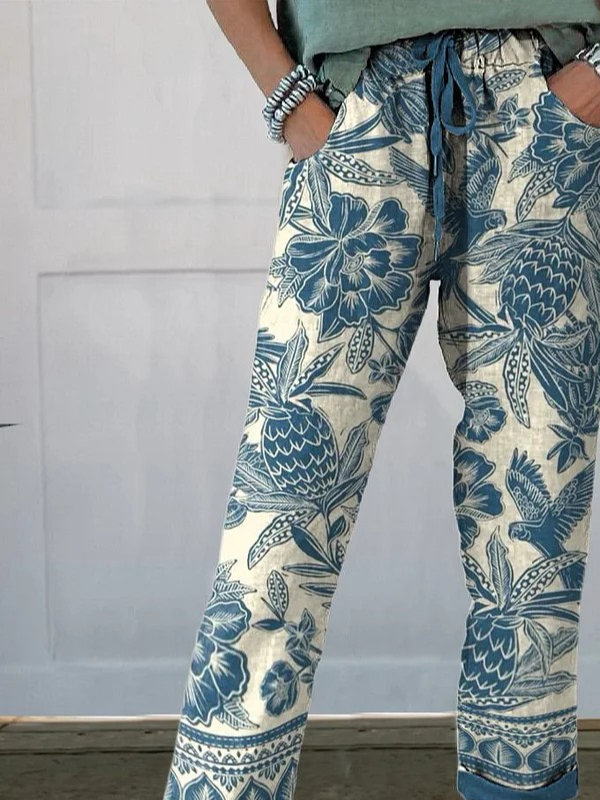 Batik Style Ethnic Floral Pattern Printed Women's Cotton And Linen Casual Pants