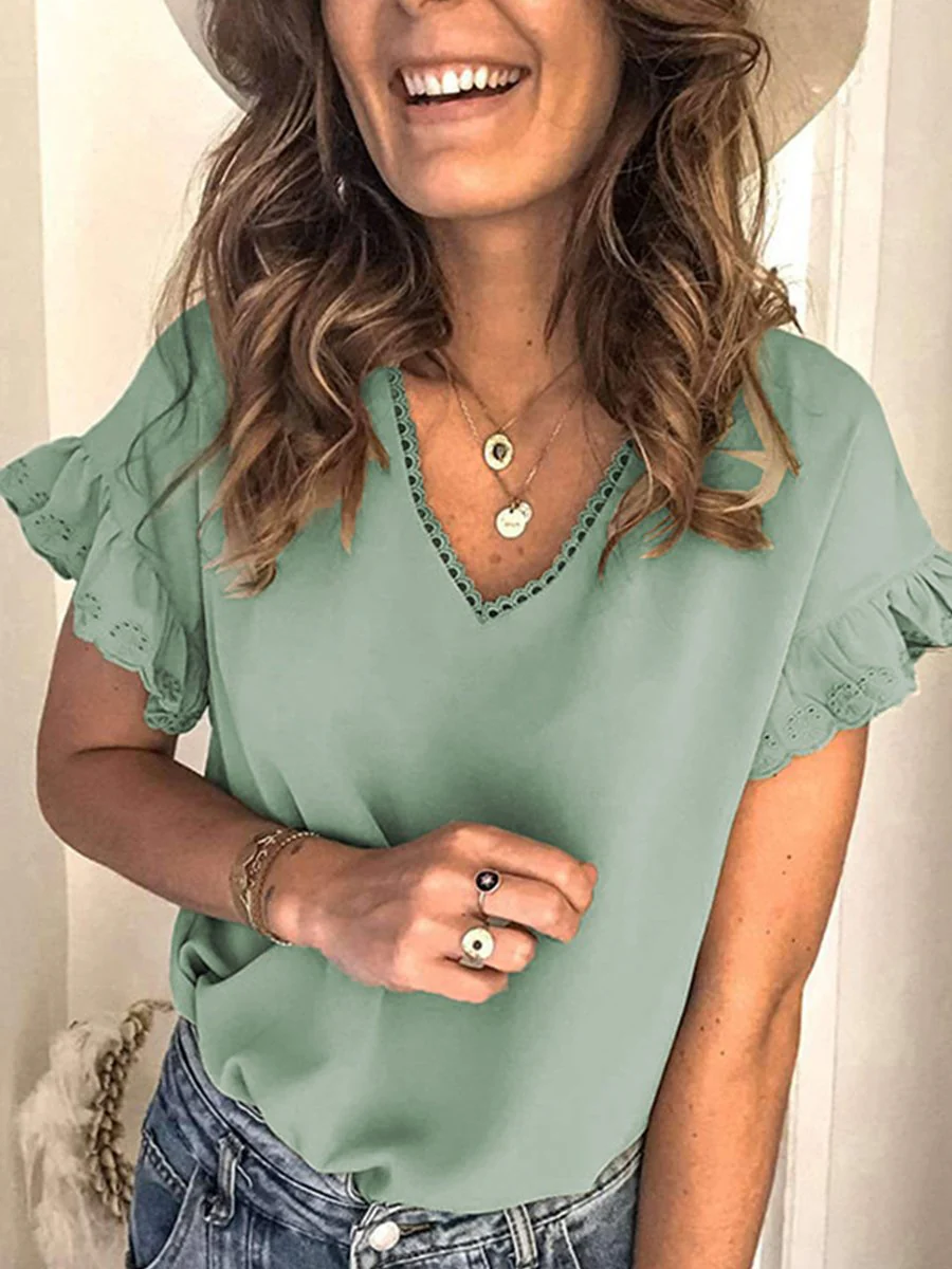 Lace V-neck Ruffled Short-sleeved Shirt