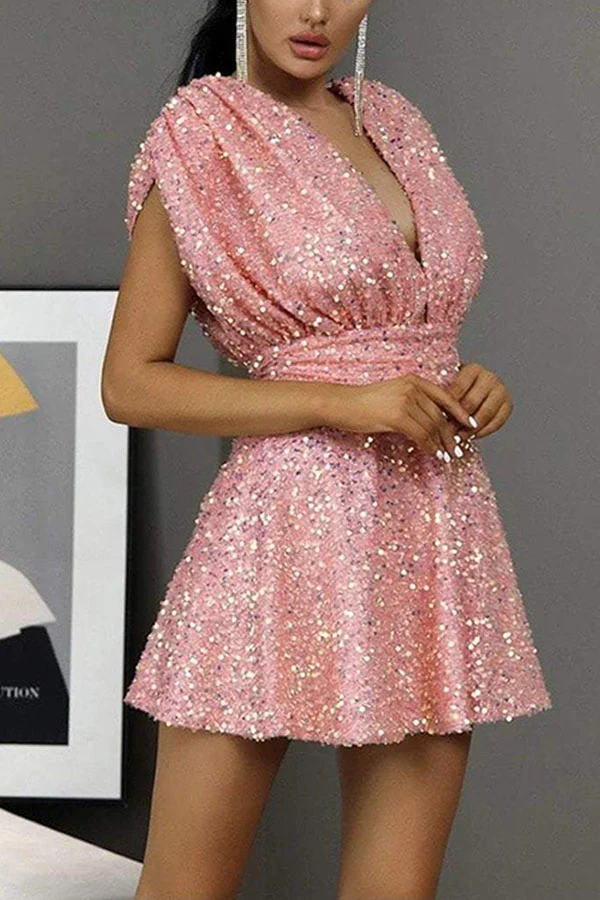 V-neck Sequined Belted Backless Skirt