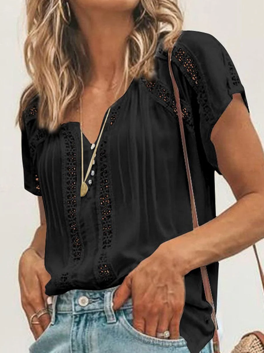 V-neck Short Sleeve Lace Hollow-out Blouse