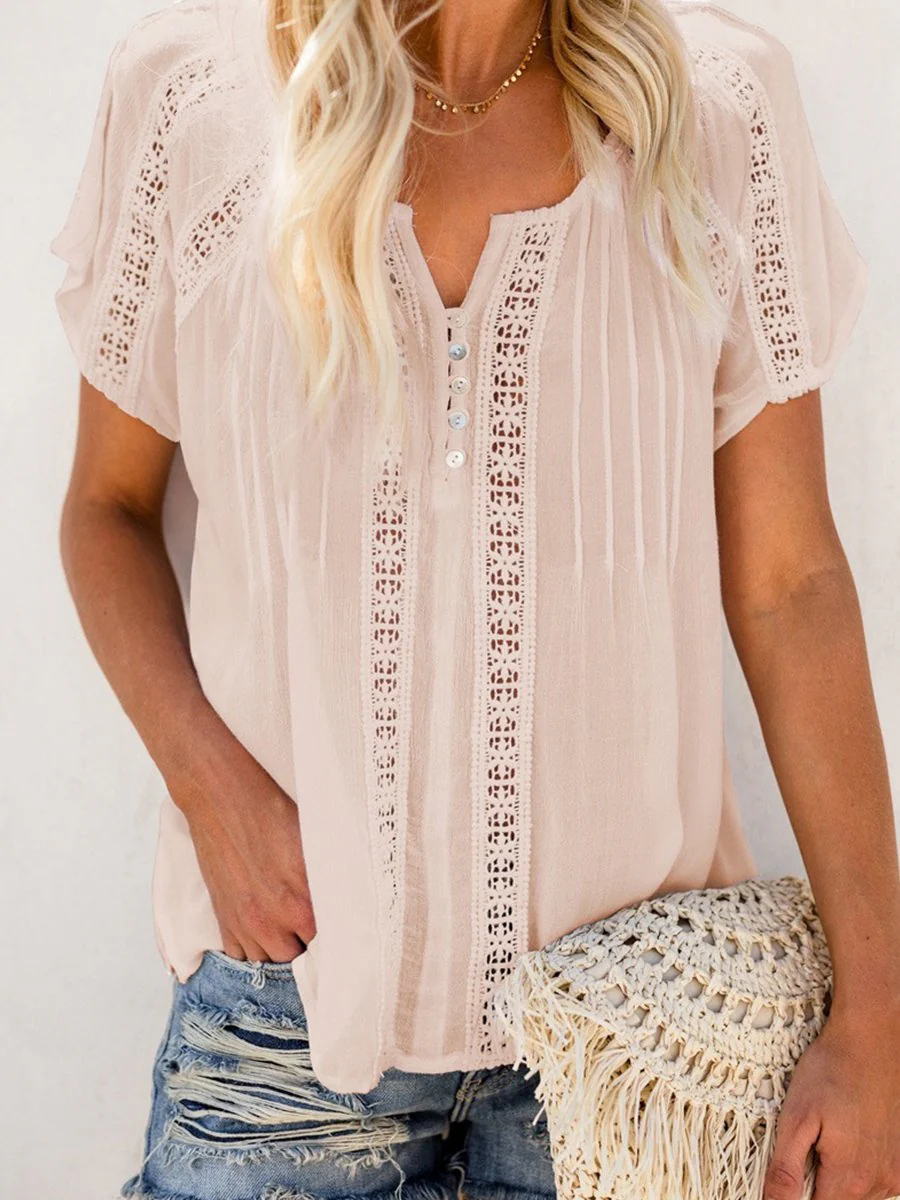 V-neck Short Sleeve Lace Hollow-out Blouse