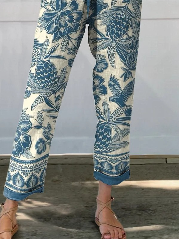 Batik Style Ethnic Floral Pattern Printed Women's Cotton And Linen Casual Pants