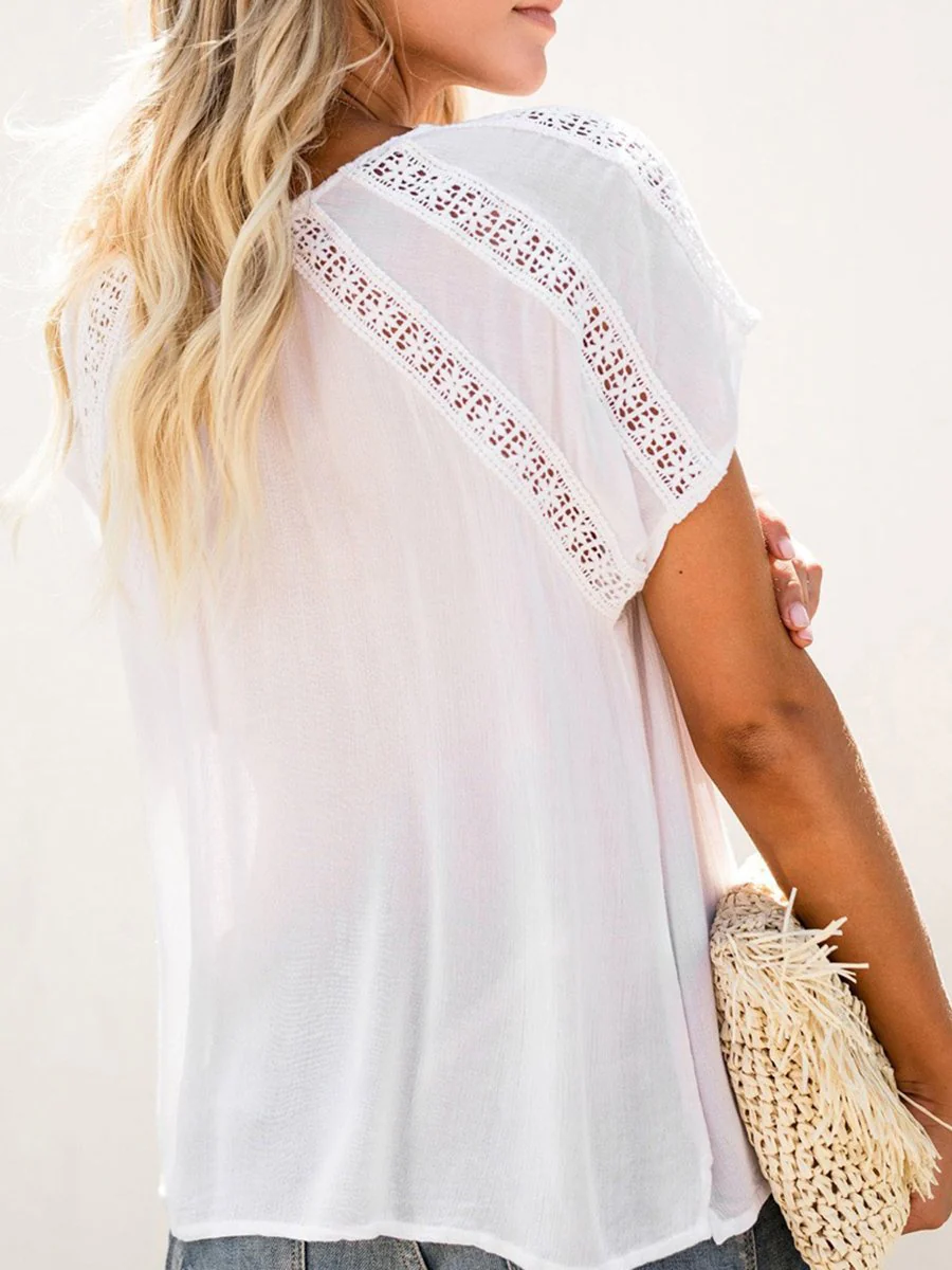 V-neck Short Sleeve Lace Hollow-out Blouse
