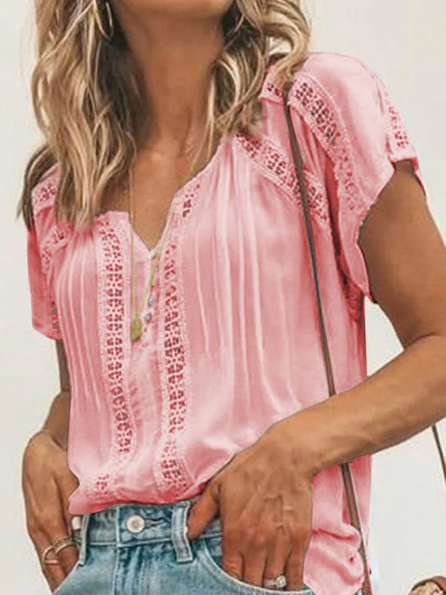 V-neck Short Sleeve Lace Hollow-out Blouse