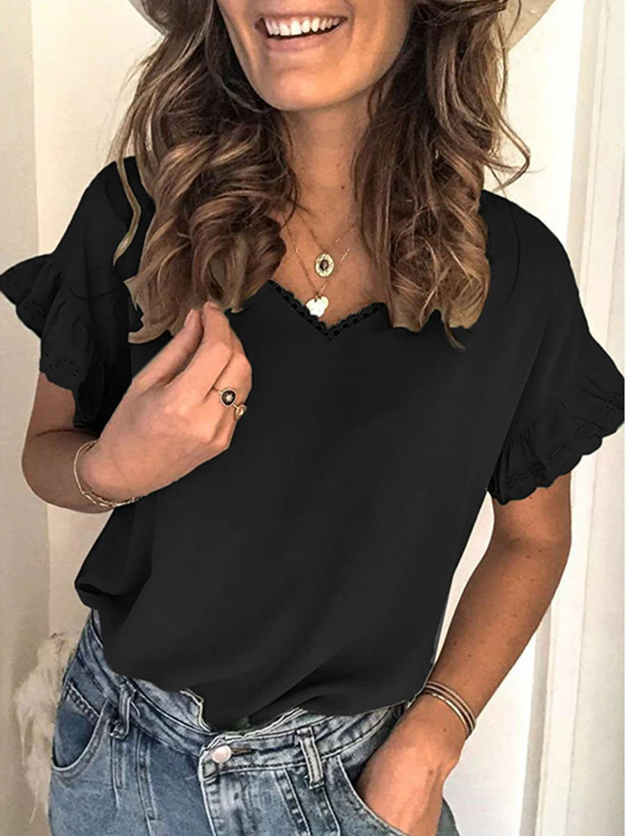 Lace V-neck Ruffled Short-sleeved Shirt