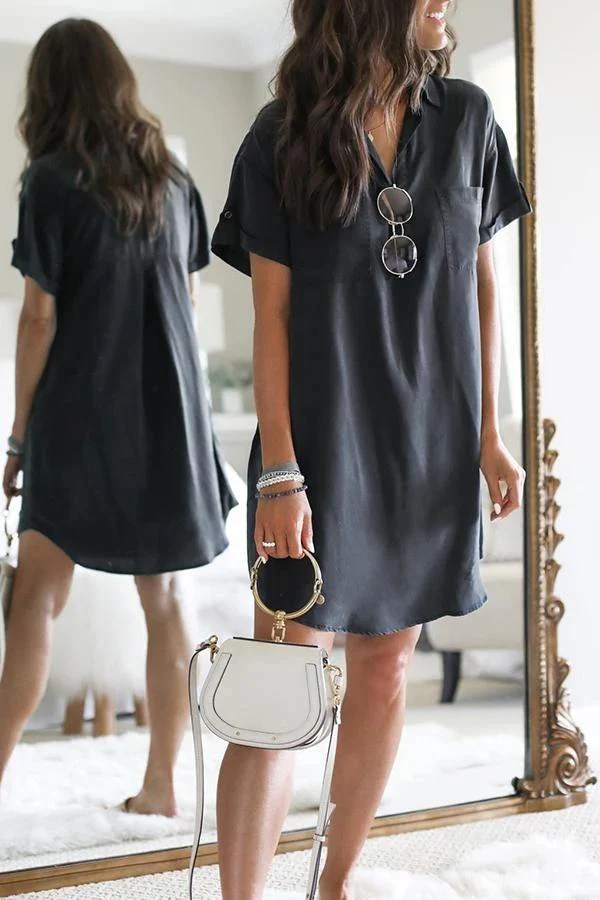 Short Sleeve Solid Color Shirt Collar Mini Dress