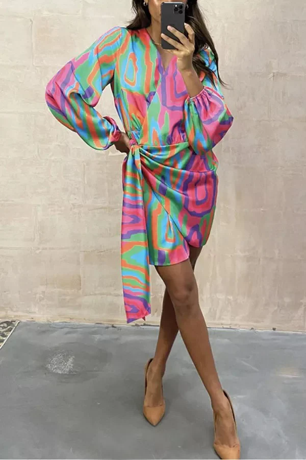 Abstract Wrap Tie Shirt Mini Dress