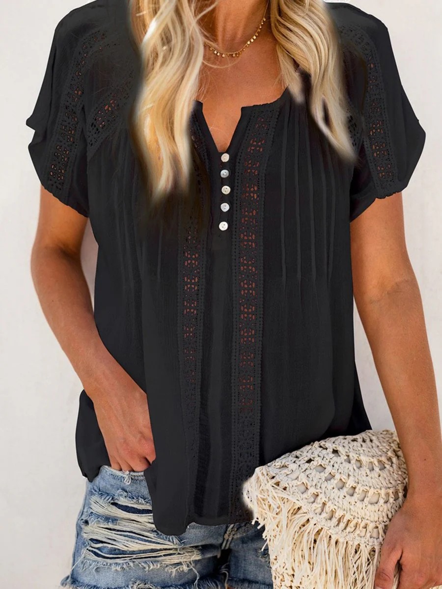 V-neck Short Sleeve Lace Hollow-out Blouse