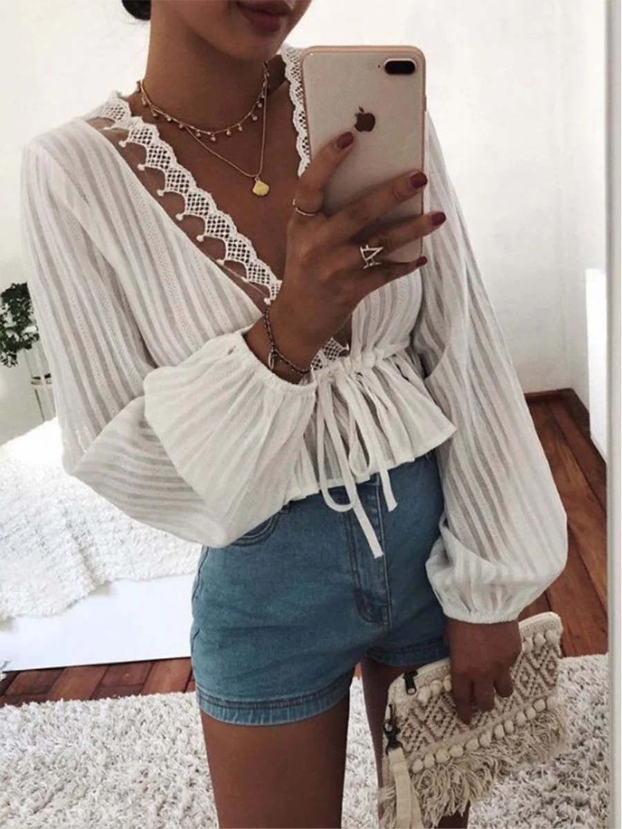 Sexy Waist Tie Long Sleeve Blouses
