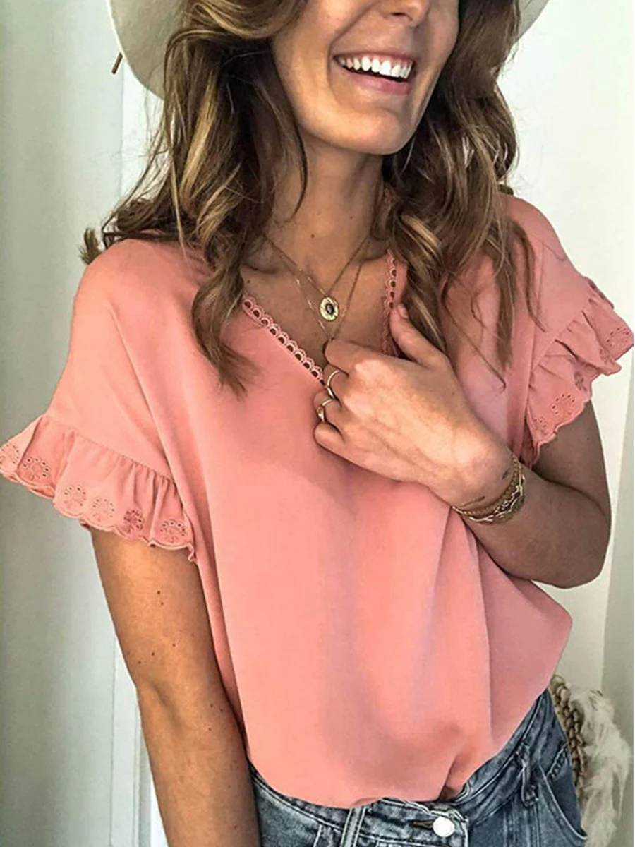 Lace V-neck Ruffled Short-sleeved Shirt