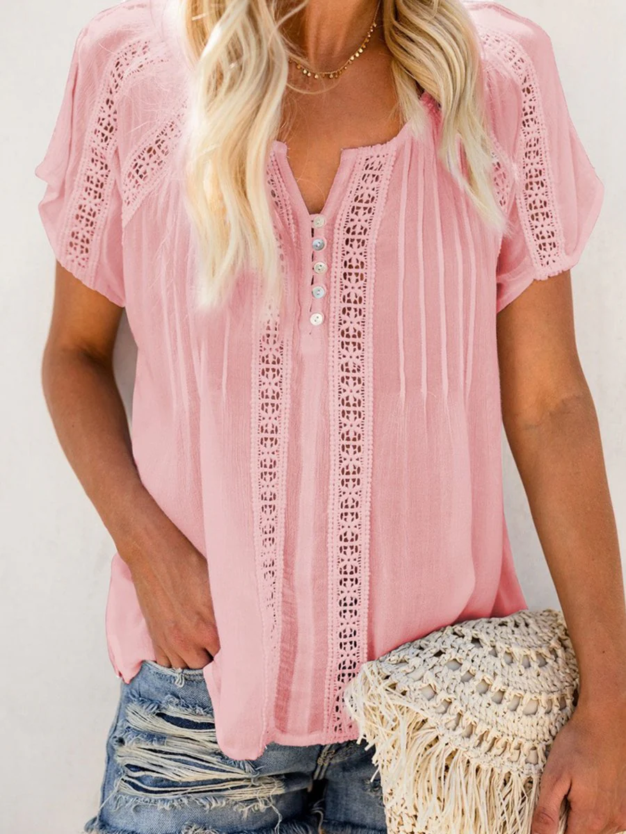 V-neck Short Sleeve Lace Hollow-out Blouse