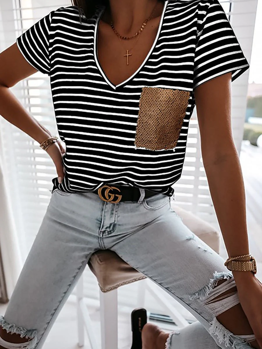 Striped Sequin Pocket V-neck Short-sleeved T-shirt