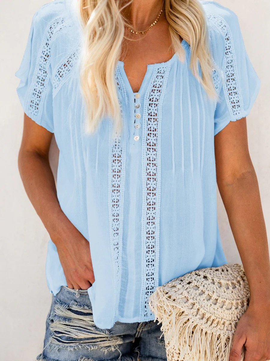 V-neck Short Sleeve Lace Hollow-out Blouse
