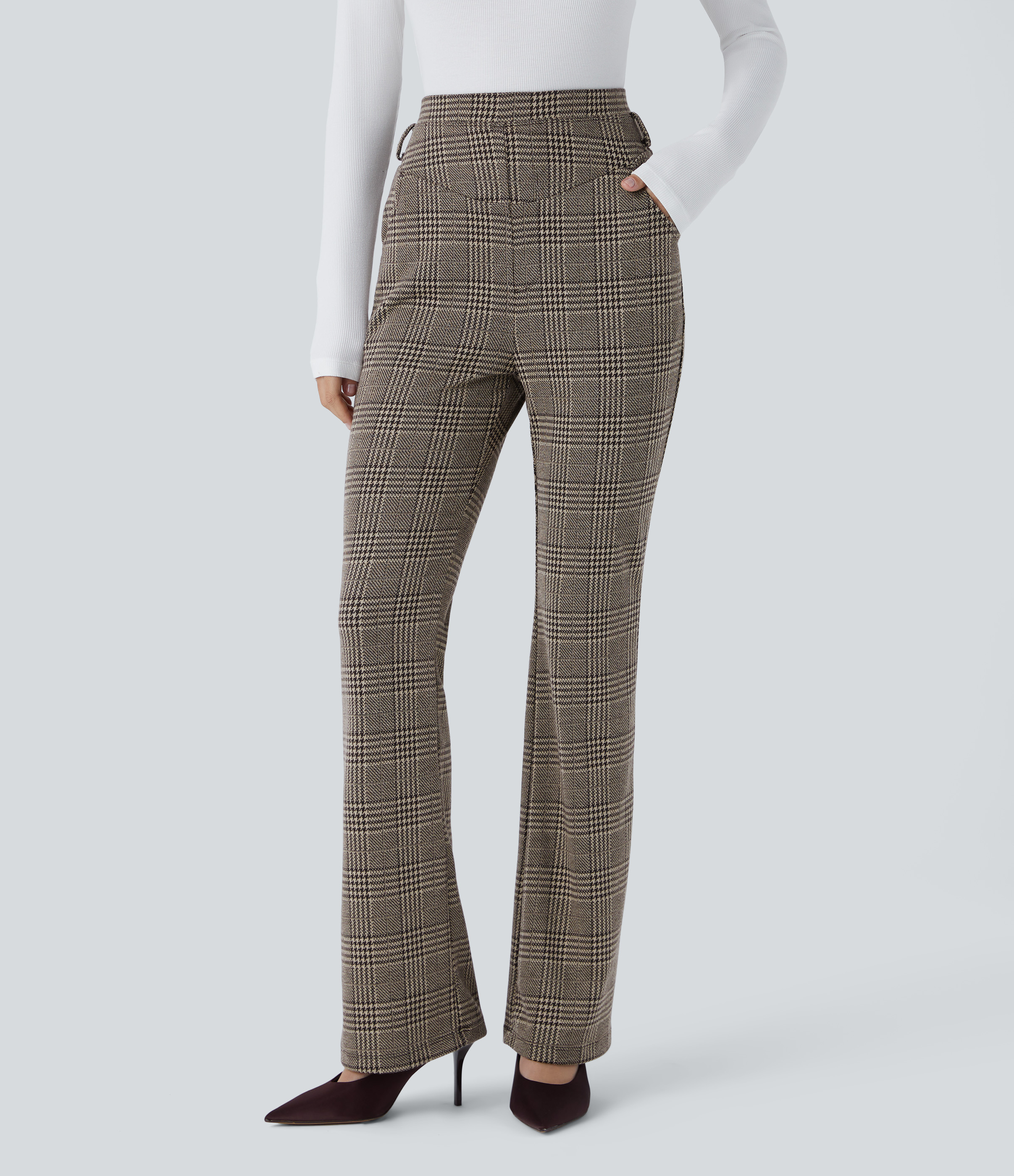 Super High Waisted Pocket Houndstooth Plaid Work Pants