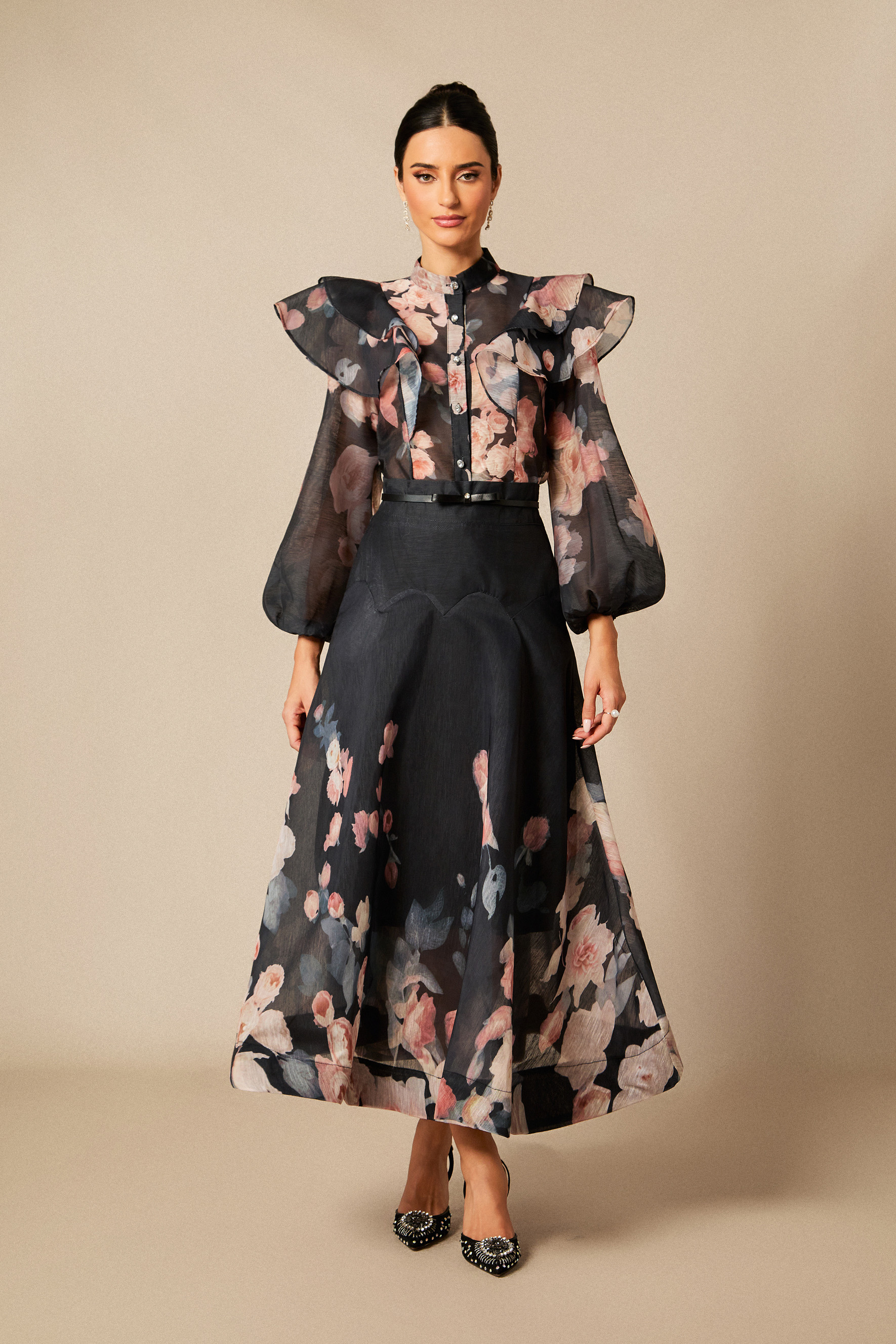 Floral Print Lantern Sleeve Shirt & Skirt Set