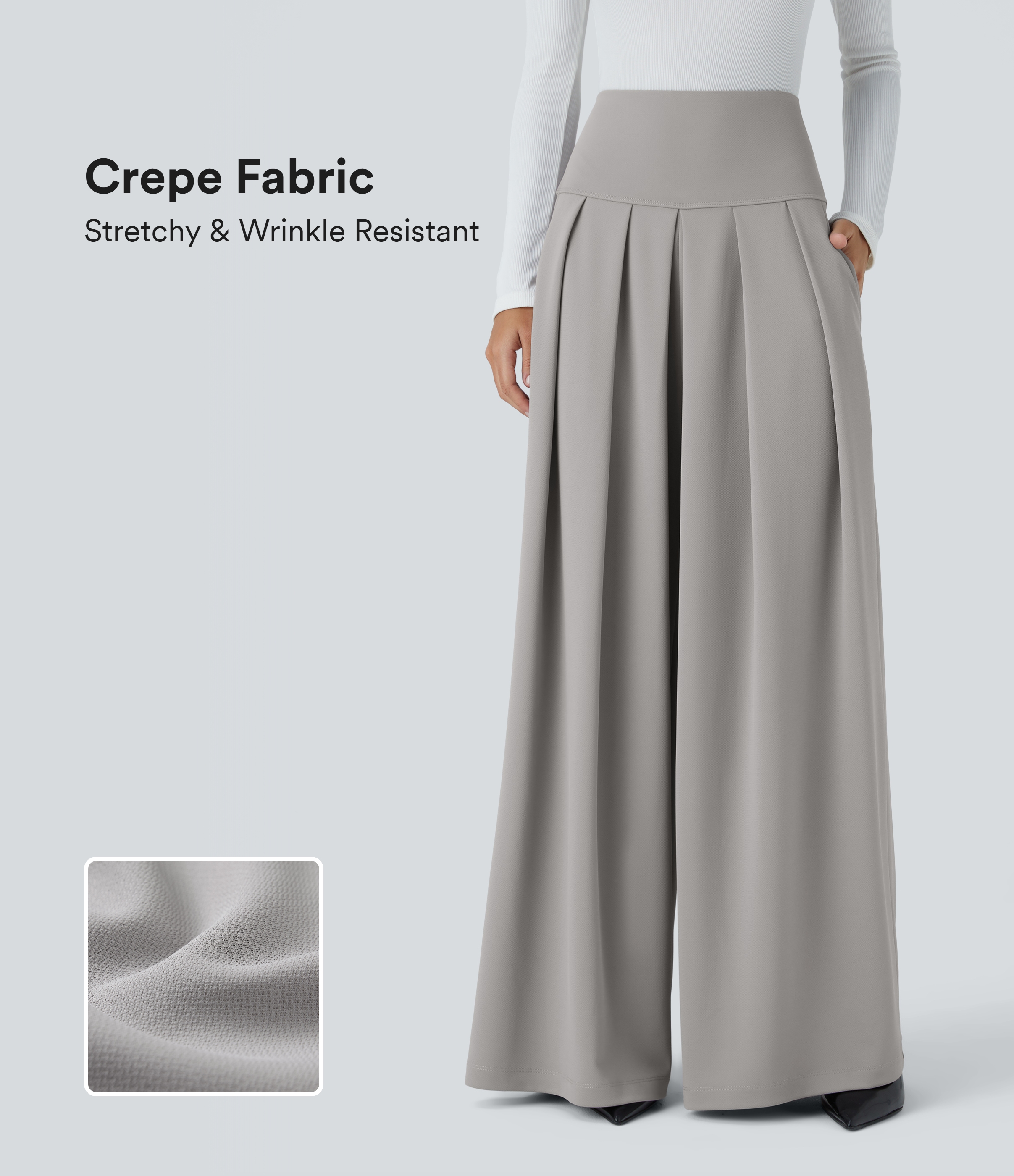 Super High Waisted Pleated Pocket Wide Leg Crepe Work Pants