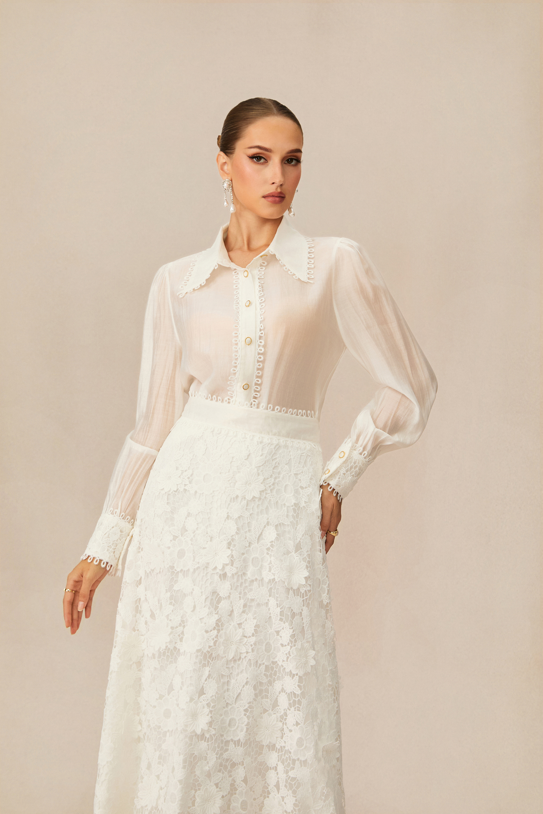 Attraction White Floral Lace Blouse & Skirt Set