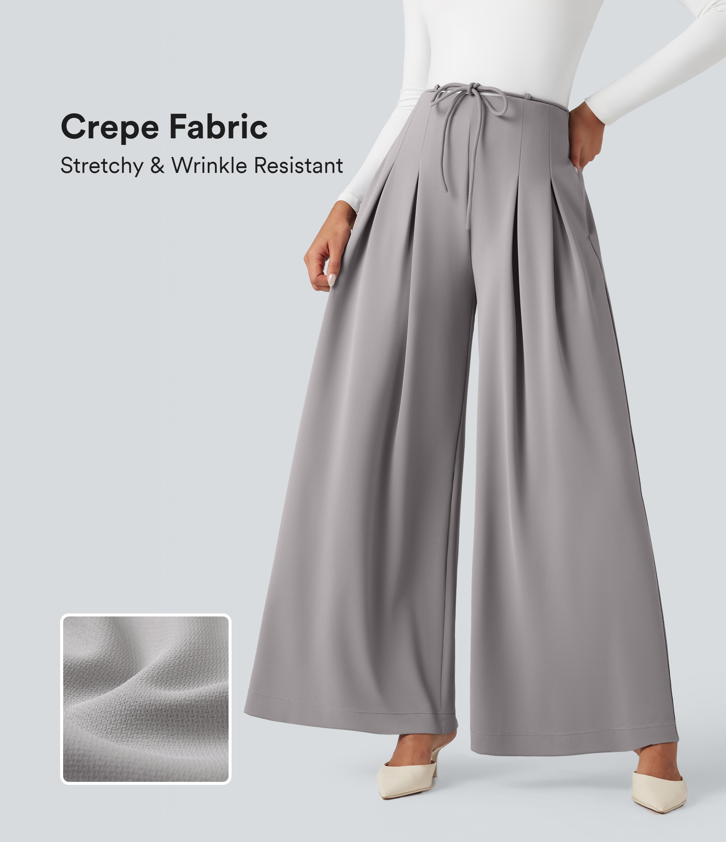 High Waisted Tie Front Wide Leg Crepe Work Pants with Pockets