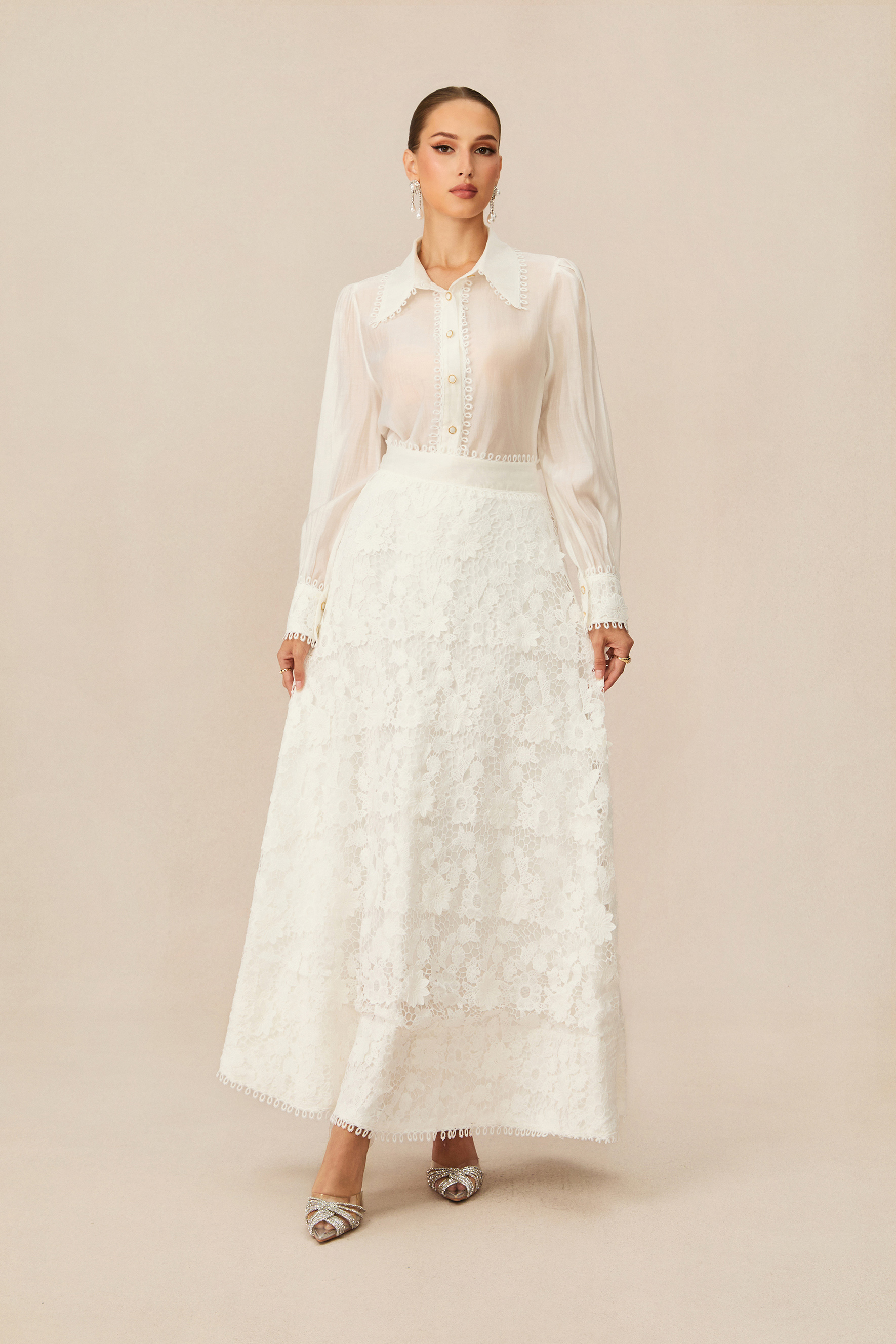Attraction White Floral Lace Blouse & Skirt Set