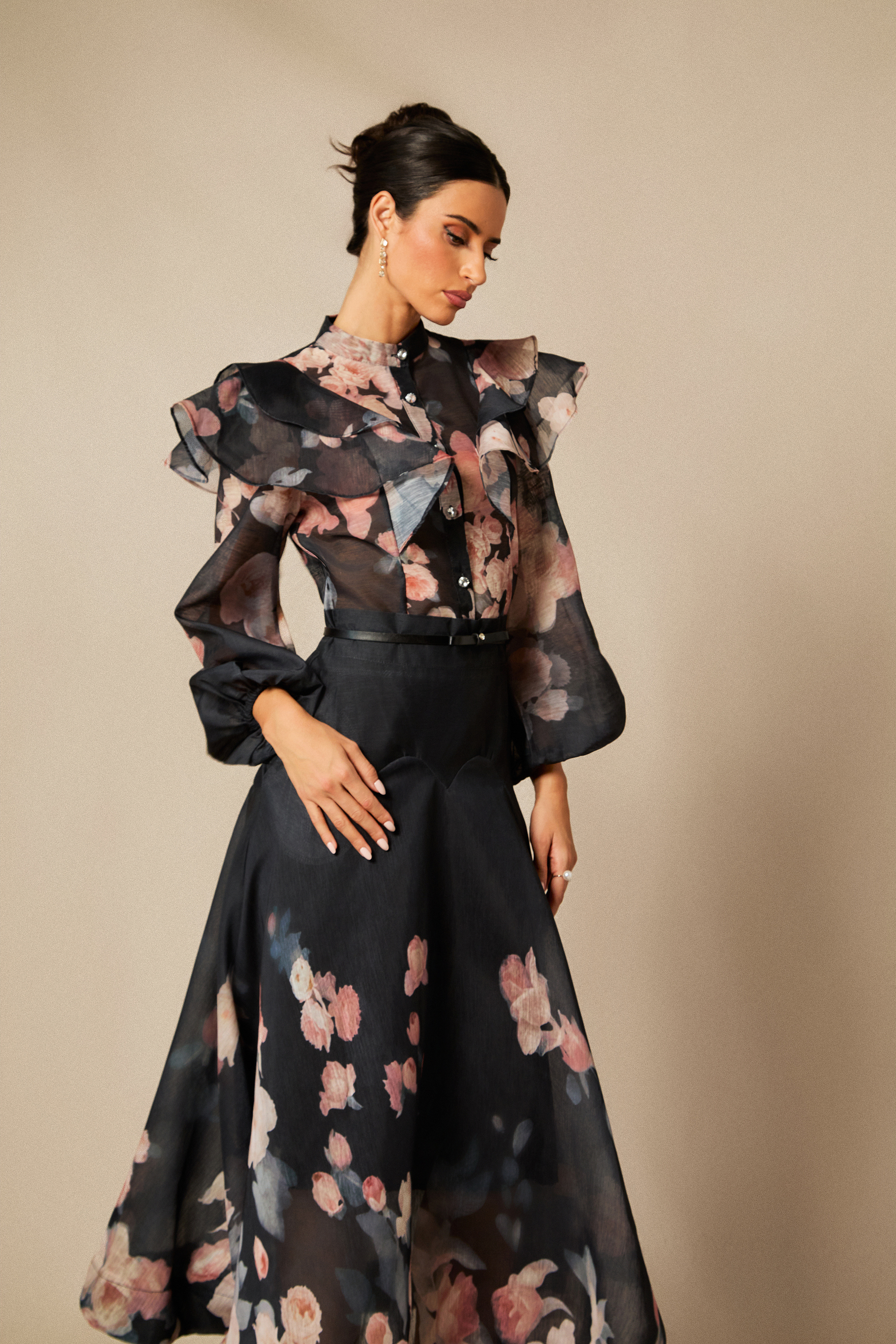 Floral Print Lantern Sleeve Shirt & Skirt Set