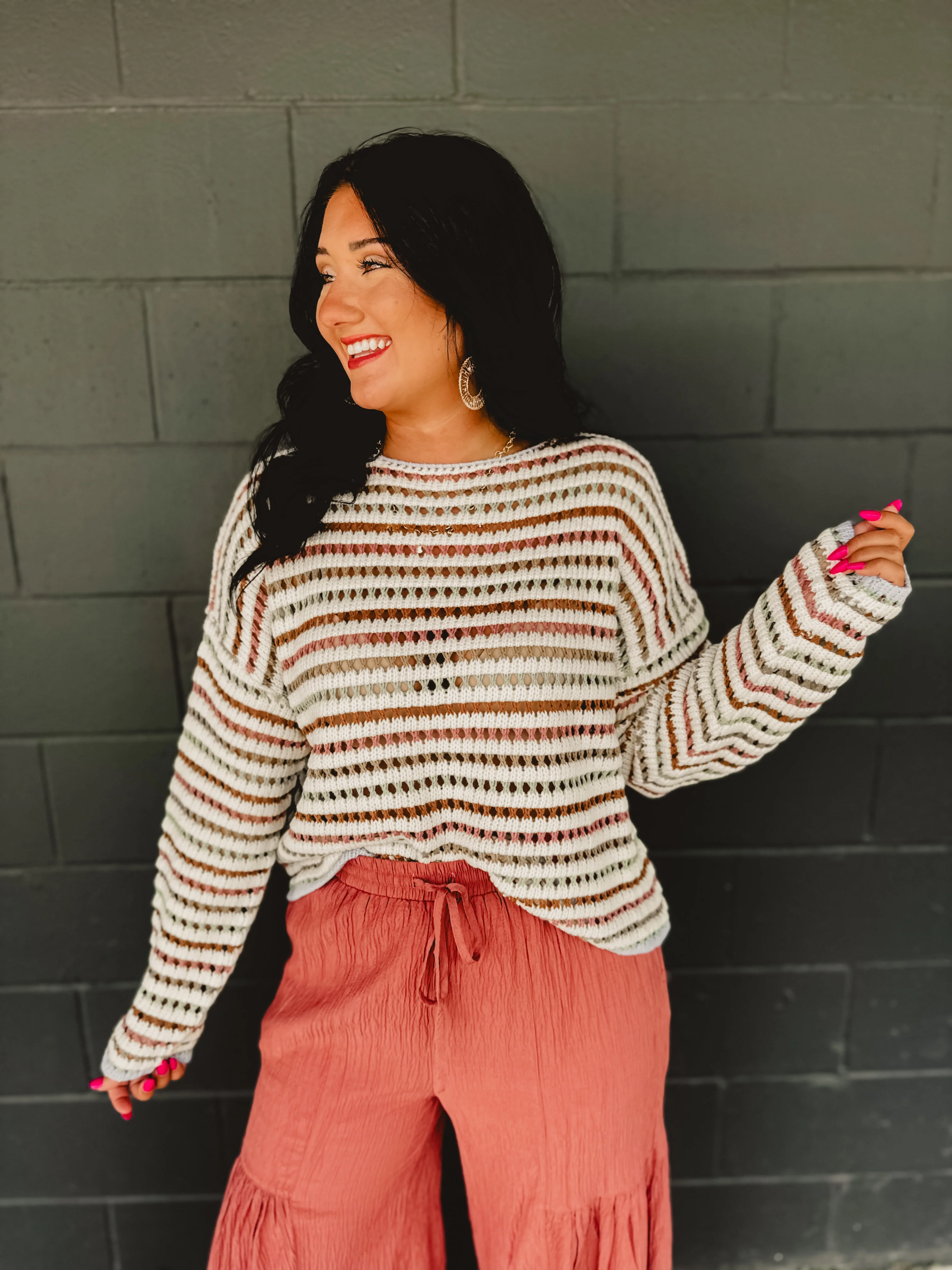 Striped Crochet Drop Shoulder Sweater - Multi