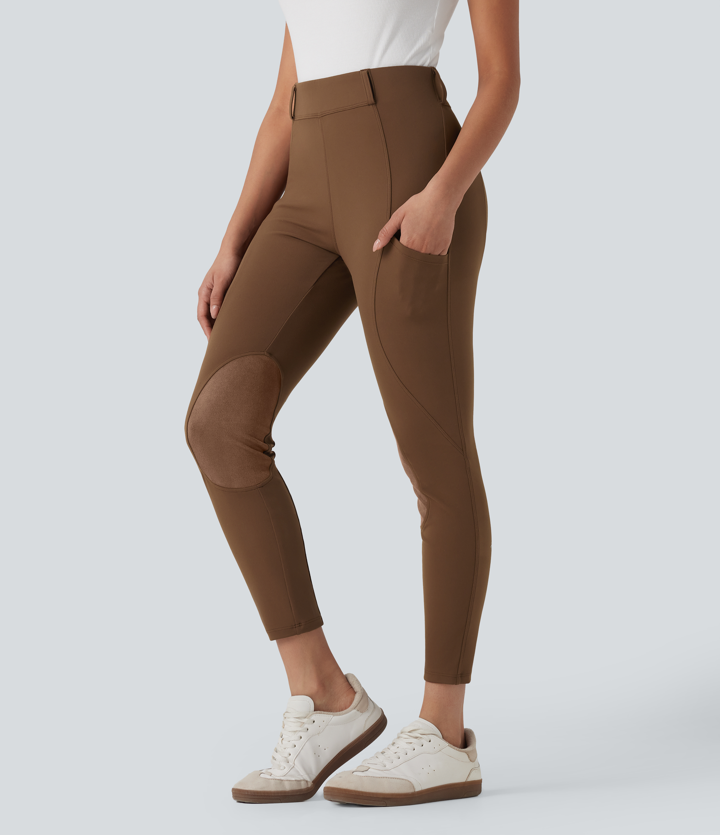 High Waisted Contrast Suede Skinny Pants with Pockets