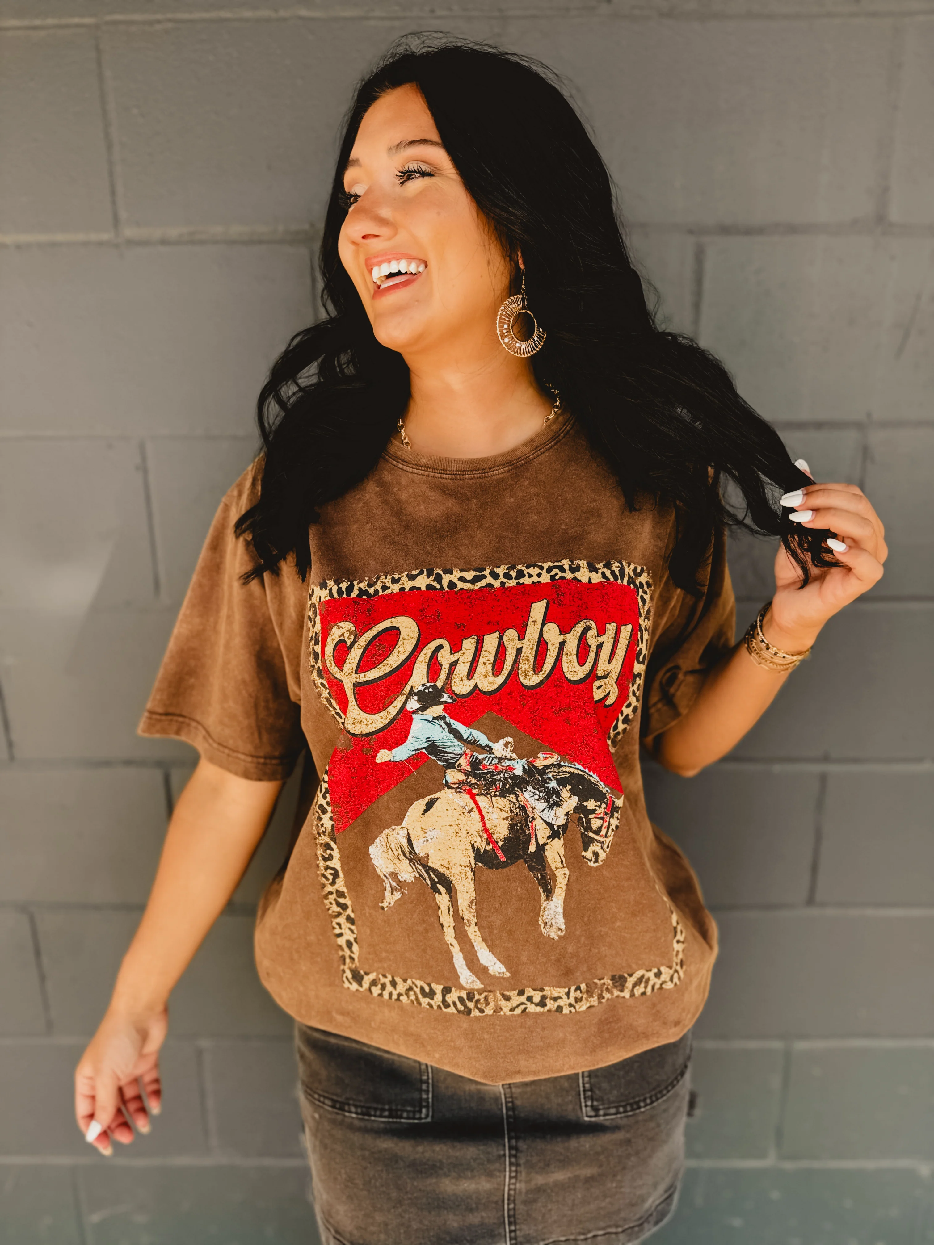 Cowboy Leopard Graphic Boyfriend Tee - Dark Brown