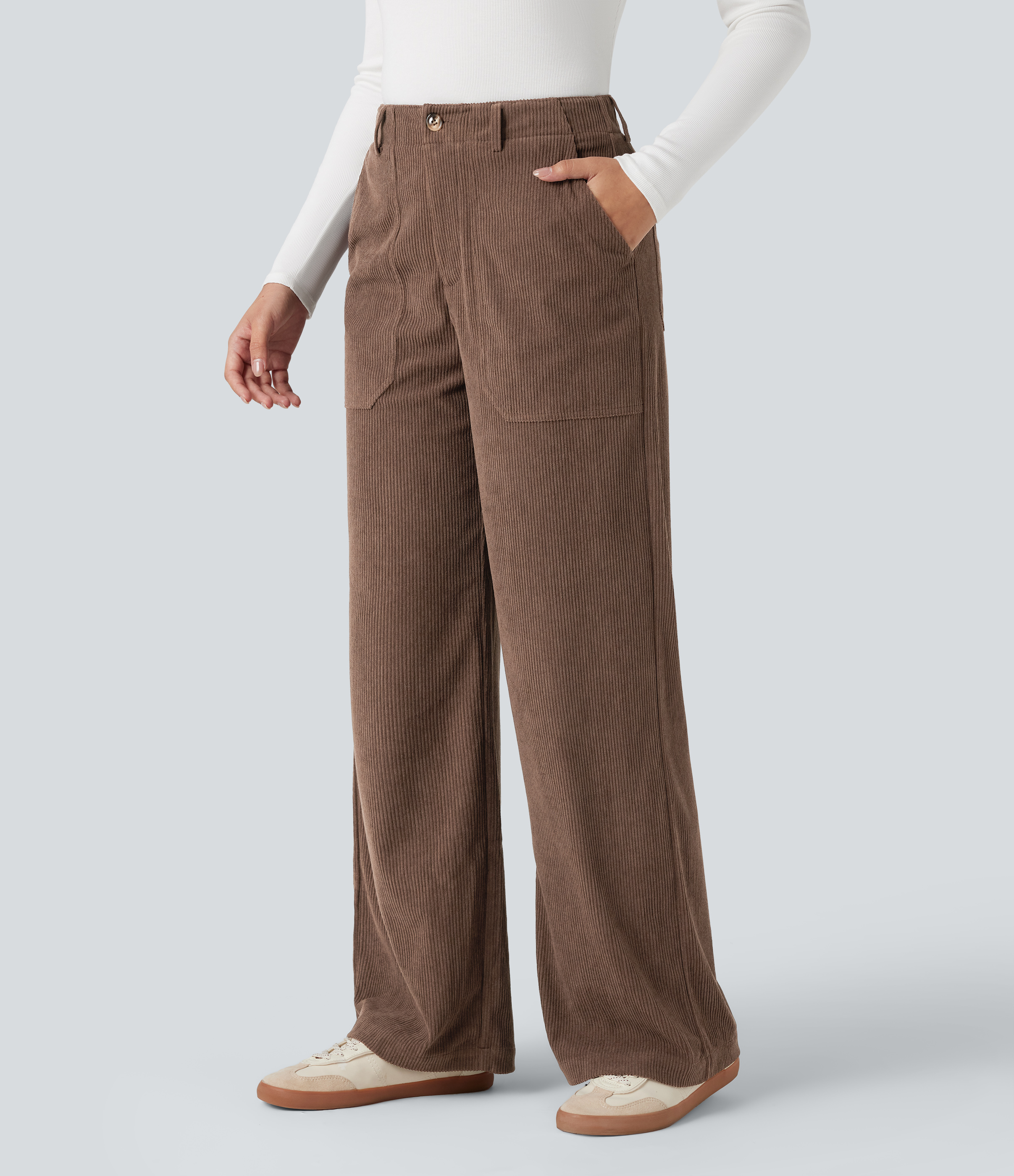 High Waisted Corduroy Casual Wide Leg Pants with Pockets
