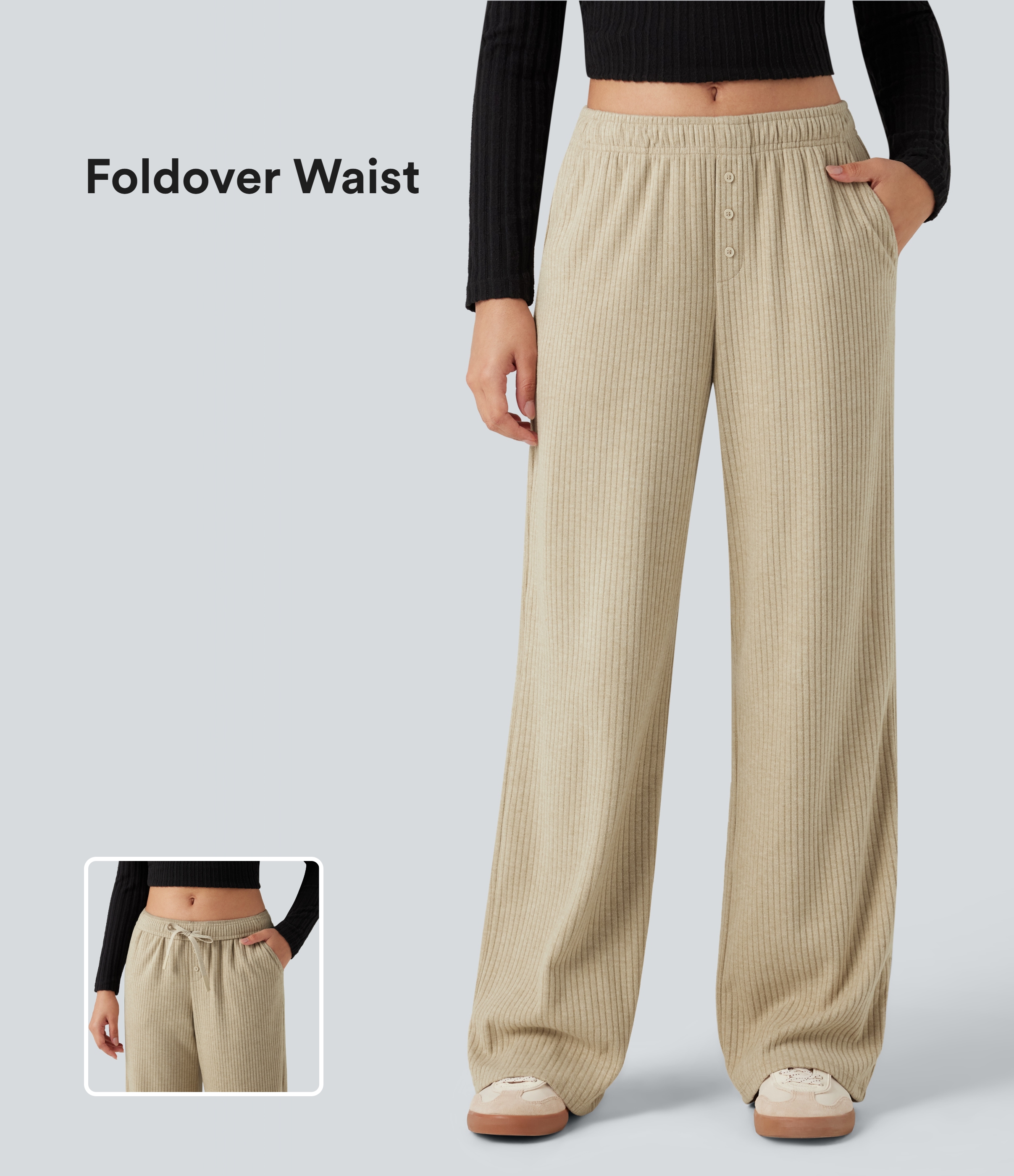 Ribbed Knit Foldover Low Rise Drawstring Casual Wide Leg Pants with Pockets