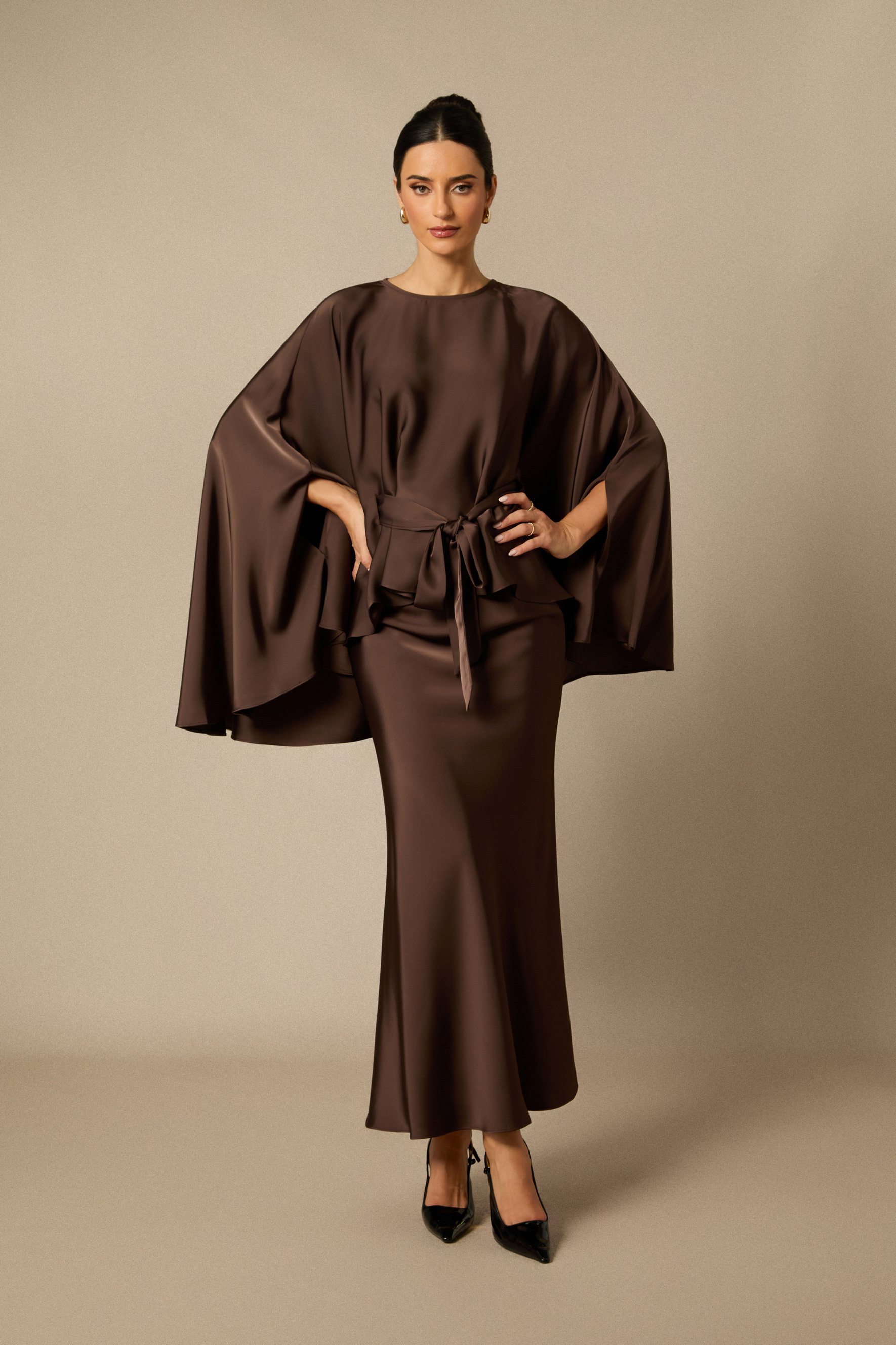 Cape Sleeve Top & Satin Skirt Set
