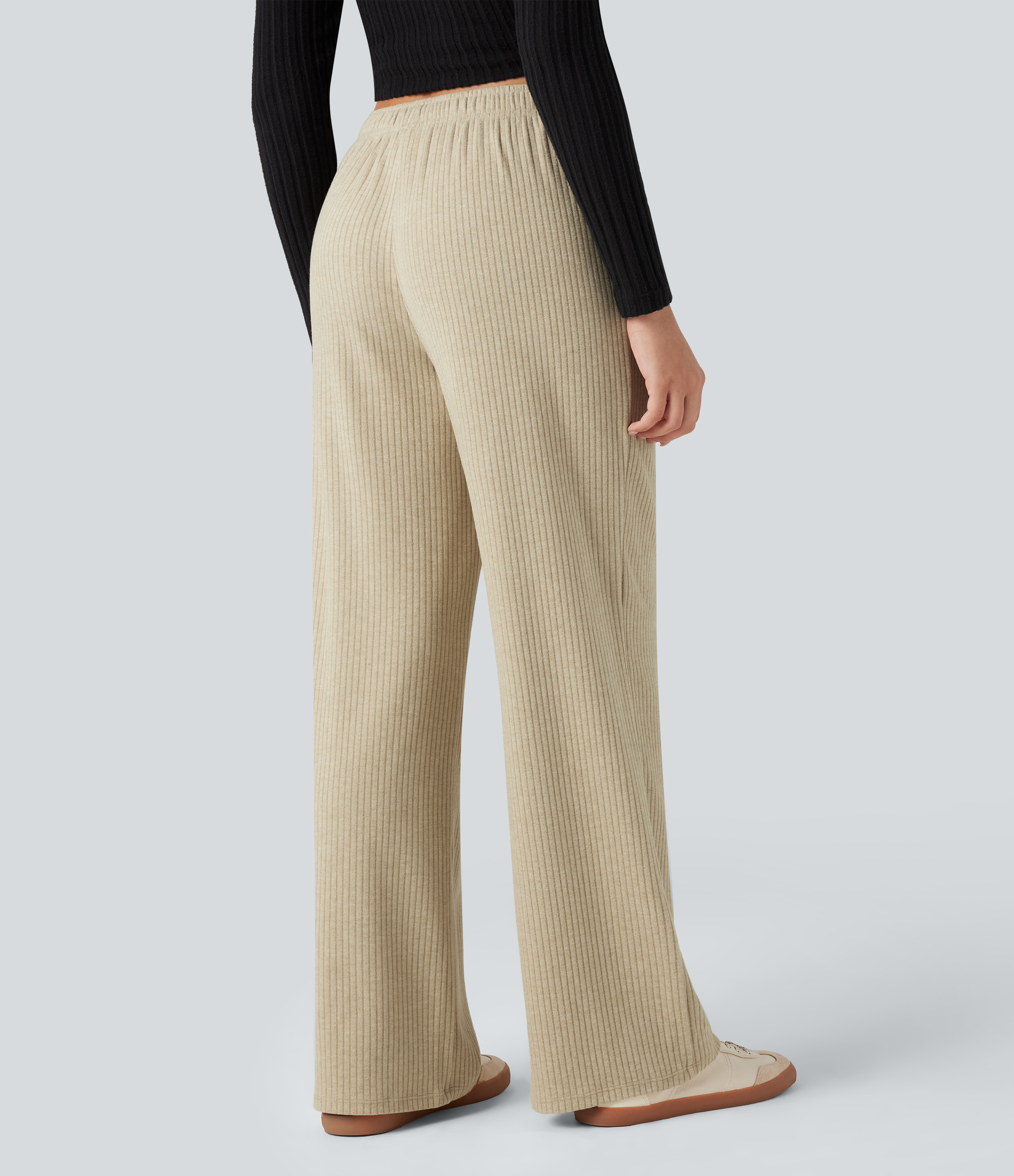 Ribbed Knit Foldover Low Rise Drawstring Casual Wide Leg Pants with Pockets