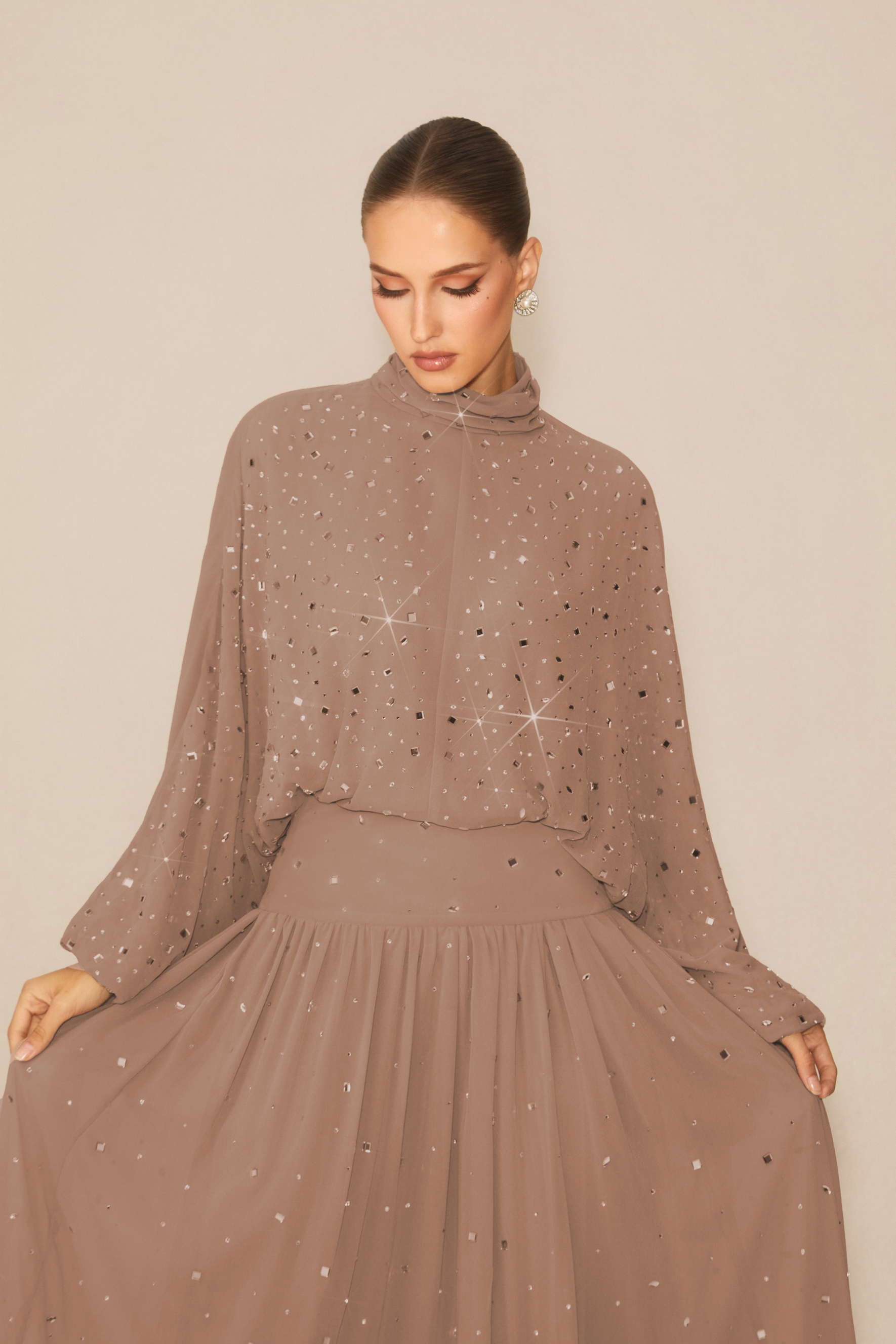 Shine Khaki Crystal Embellished Top & Skirt Set
