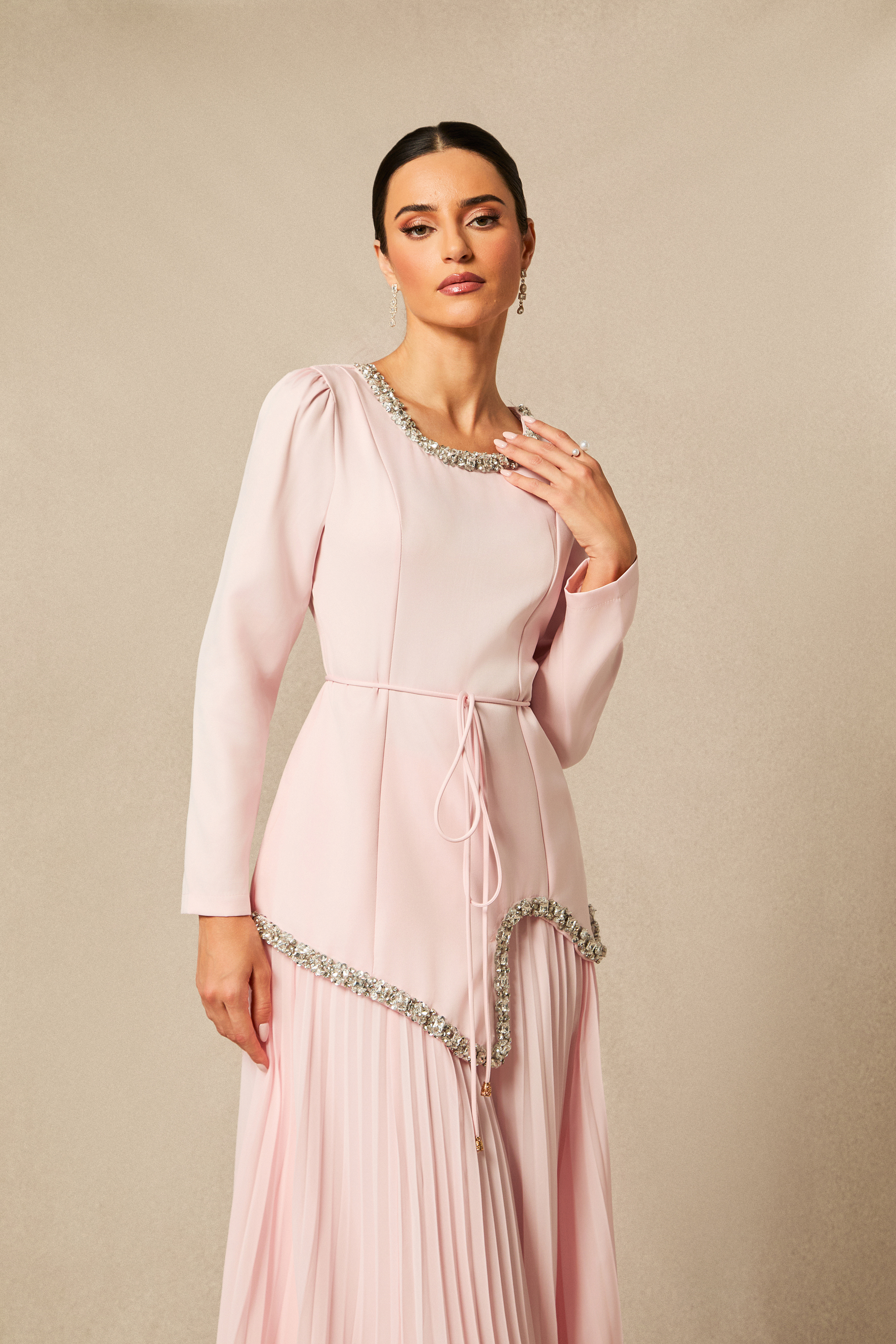 Crystal Embellished Top & Pleated Skirt Set