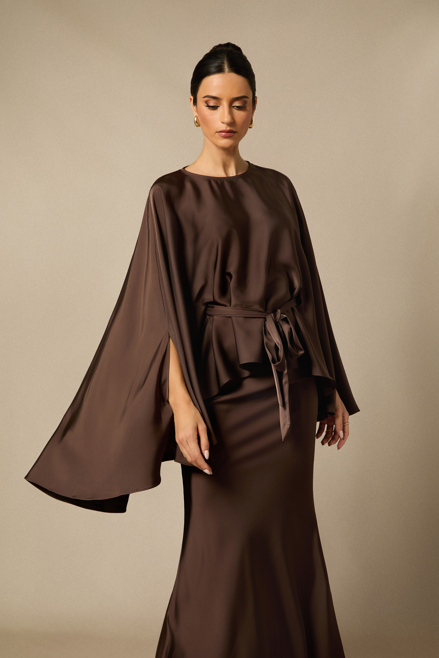 Cape Sleeve Top & Satin Skirt Set
