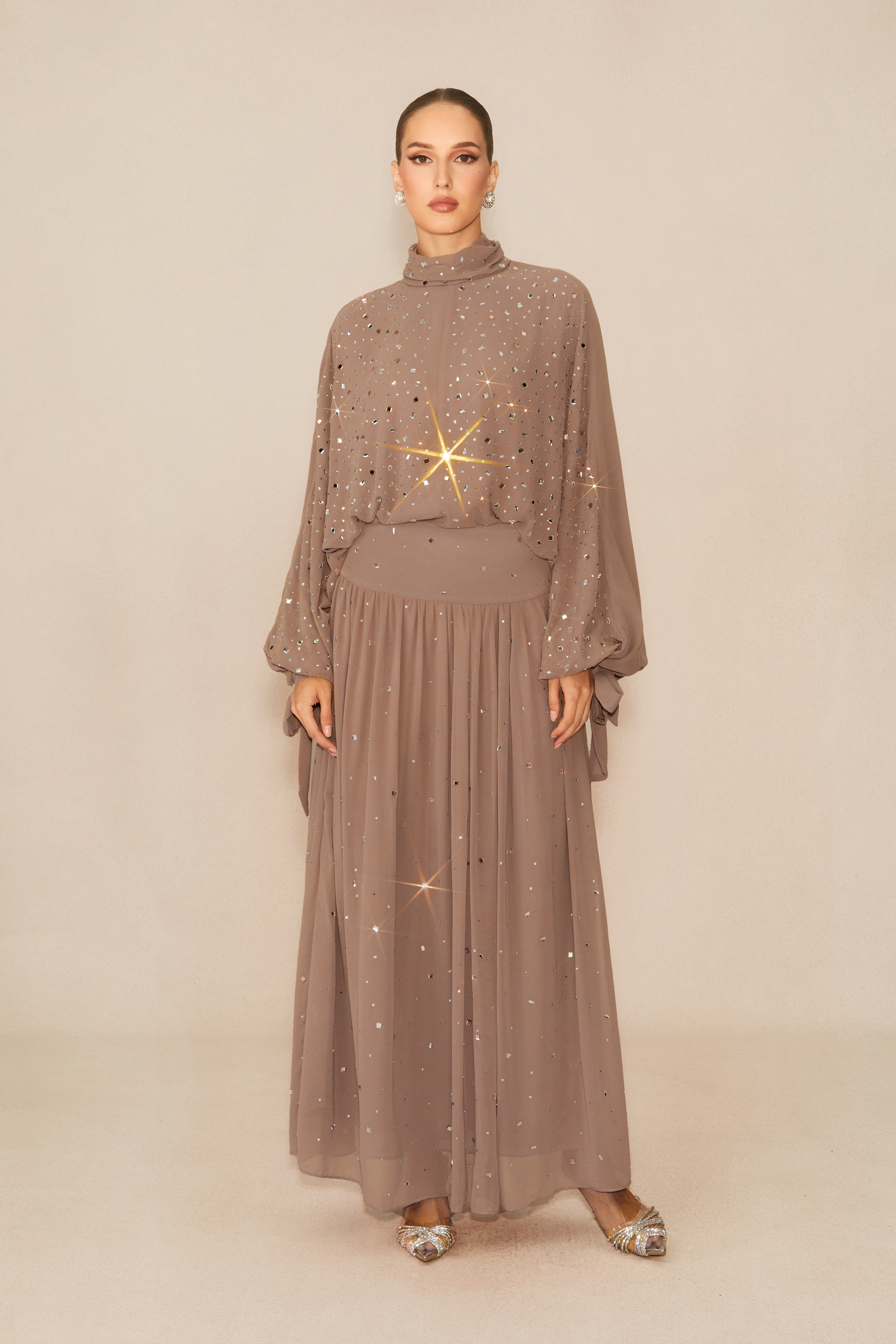 Shine Khaki Crystal Embellished Top & Skirt Set