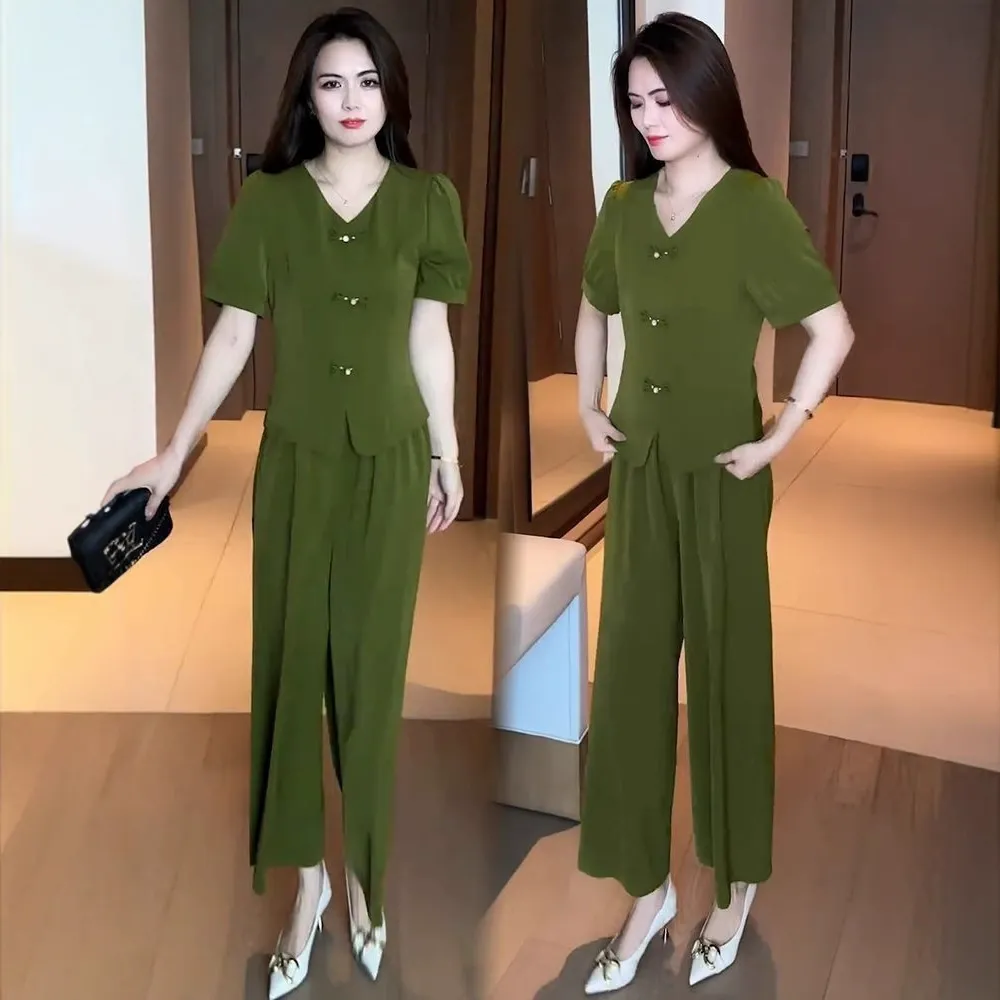 V-Neck Short Sleeve Top & Matching Wide-Leg Pants (2-Piece Set)