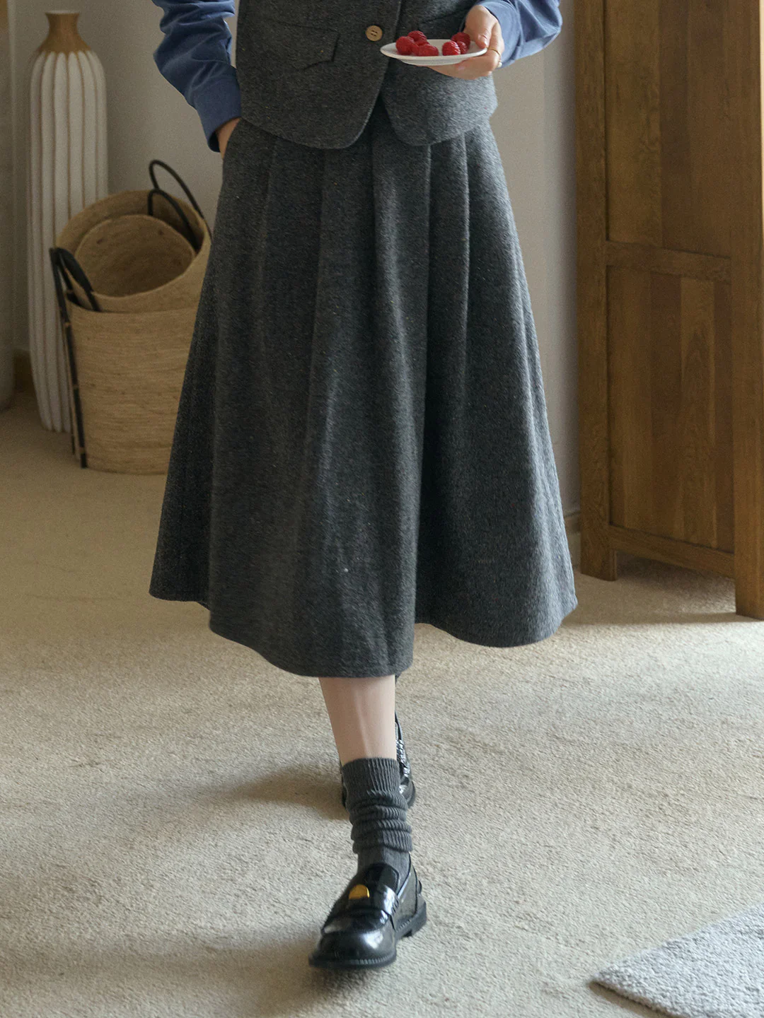 Sweet Slim A-line Pocket Wool Skirt - Gray