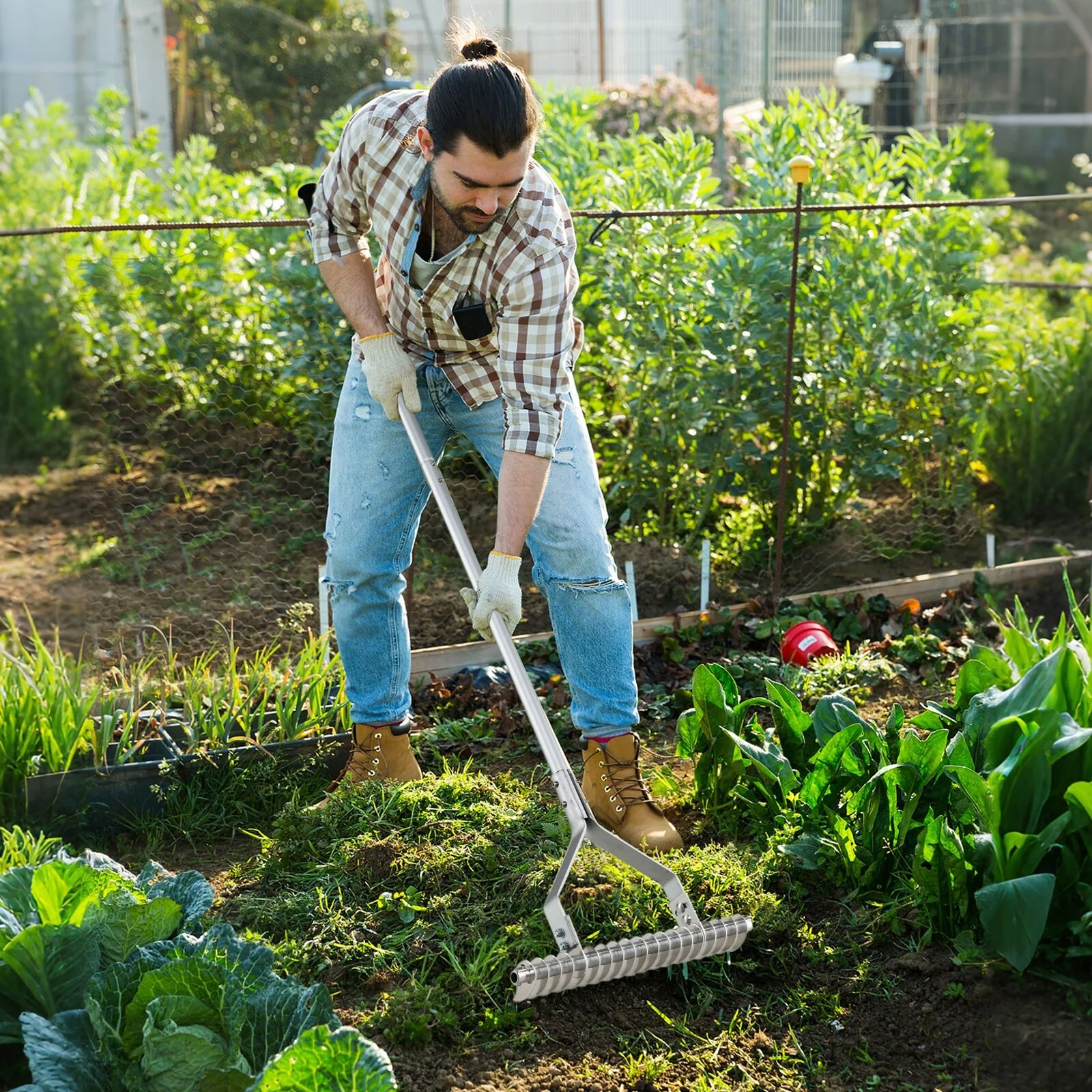 20 Inches Wide Aluminum Lawn Loosening Soil Rake with Long Handle and 19 Curved Tines - Multi