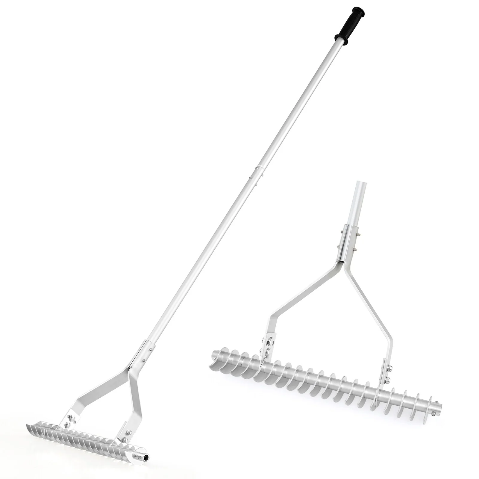 20 Inches Wide Aluminum Lawn Loosening Soil Rake with Long Handle and 19 Curved Tines - Multi