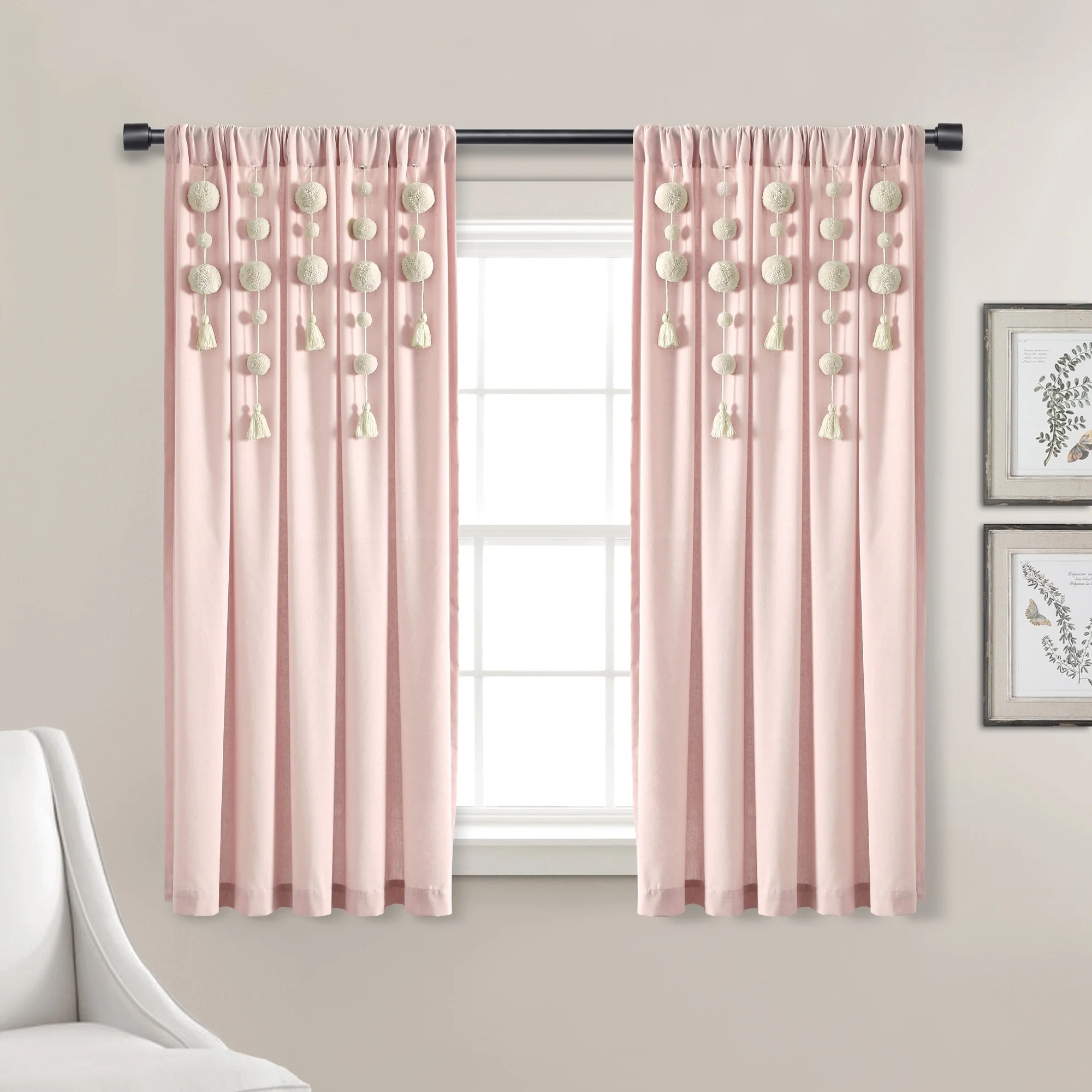 Boho Pom Pom Tassel Linen Window Curtain Panel (Single)