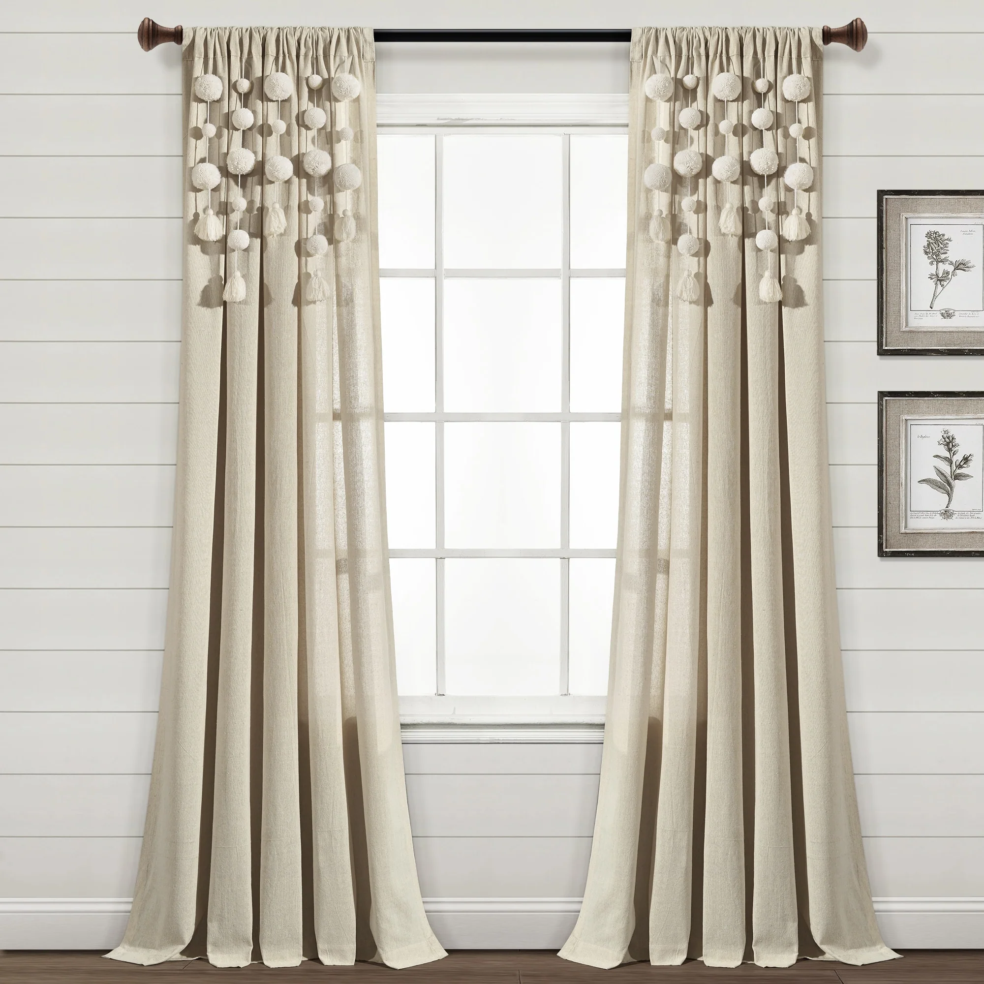 Boho Pom Pom Tassel Linen Window Curtain Panel (Single)