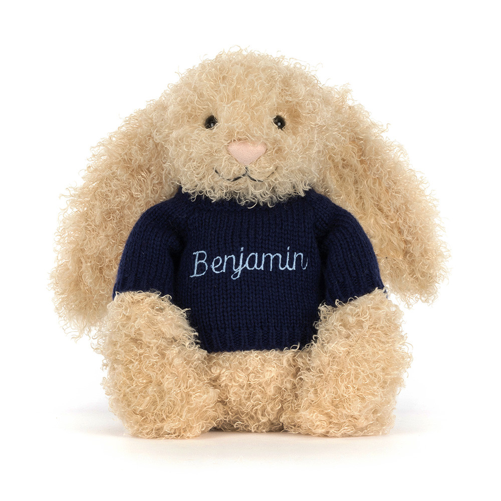 Bashful Luxe Bunny Curly with Personalised Navy Jumper