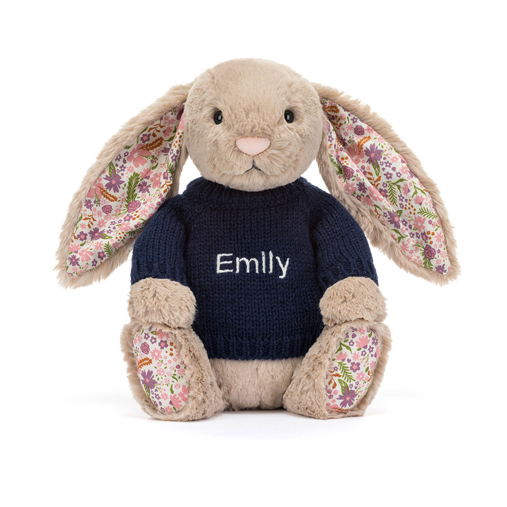 Blossom Beige Bunny 'Petal' with Personalised Navy Jumper