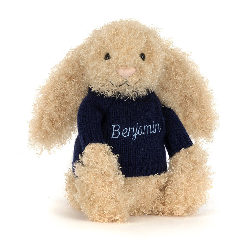 Bashful Luxe Bunny Curly with Personalised Navy Jumper