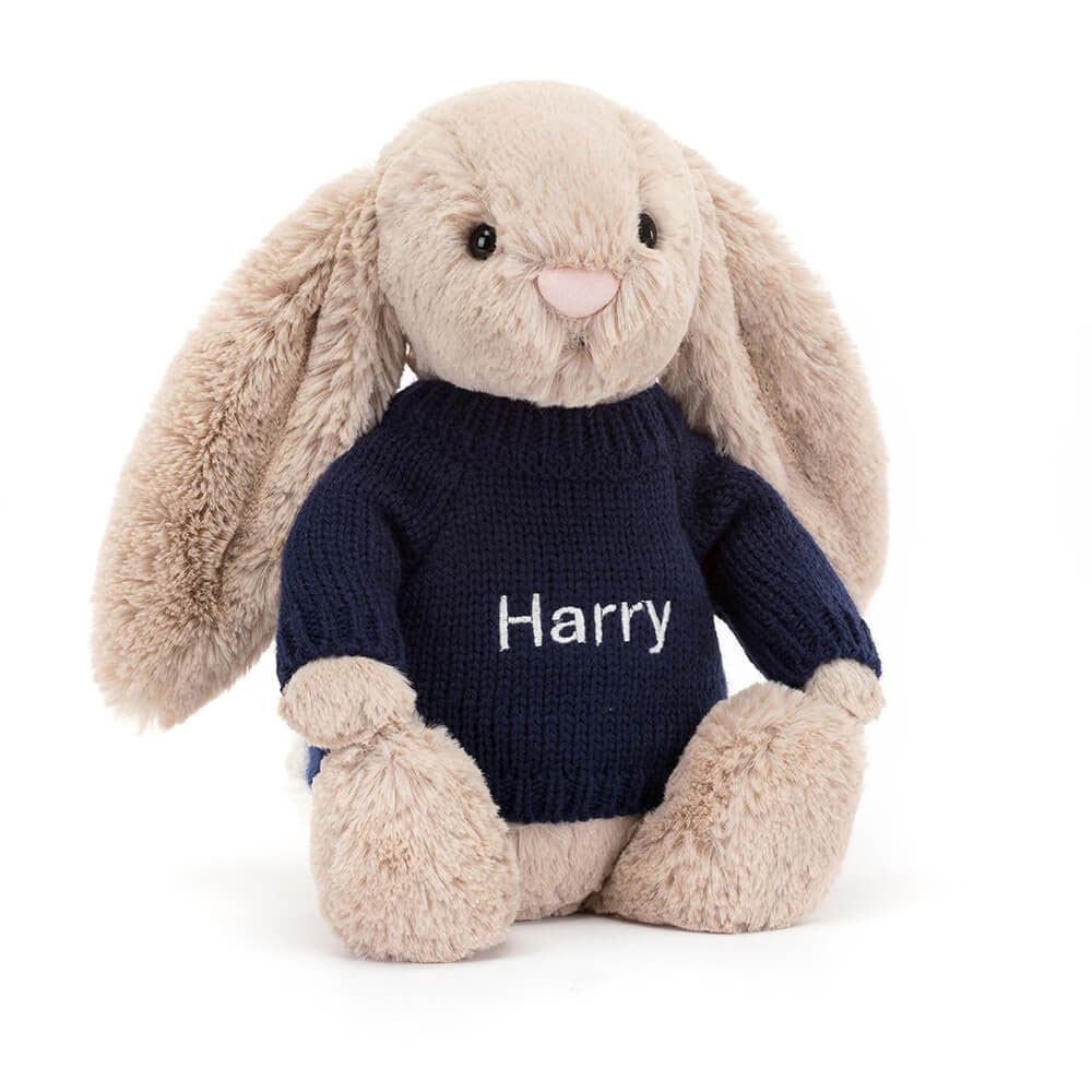 Bashful Beige Bunny with Personalised Navy Jumper
